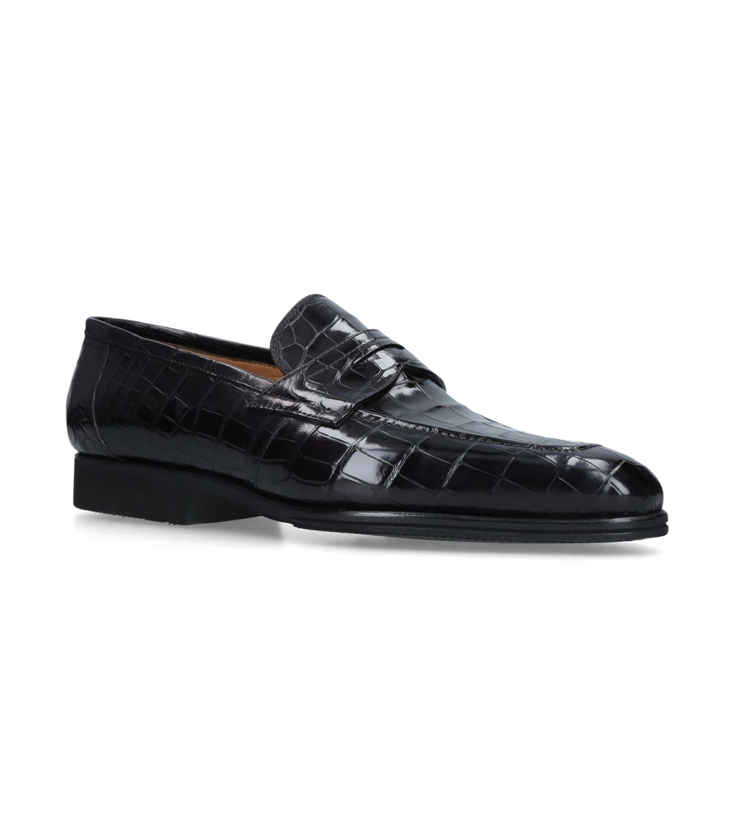 Brotini Crocodile Leather Penny Loafers In Black