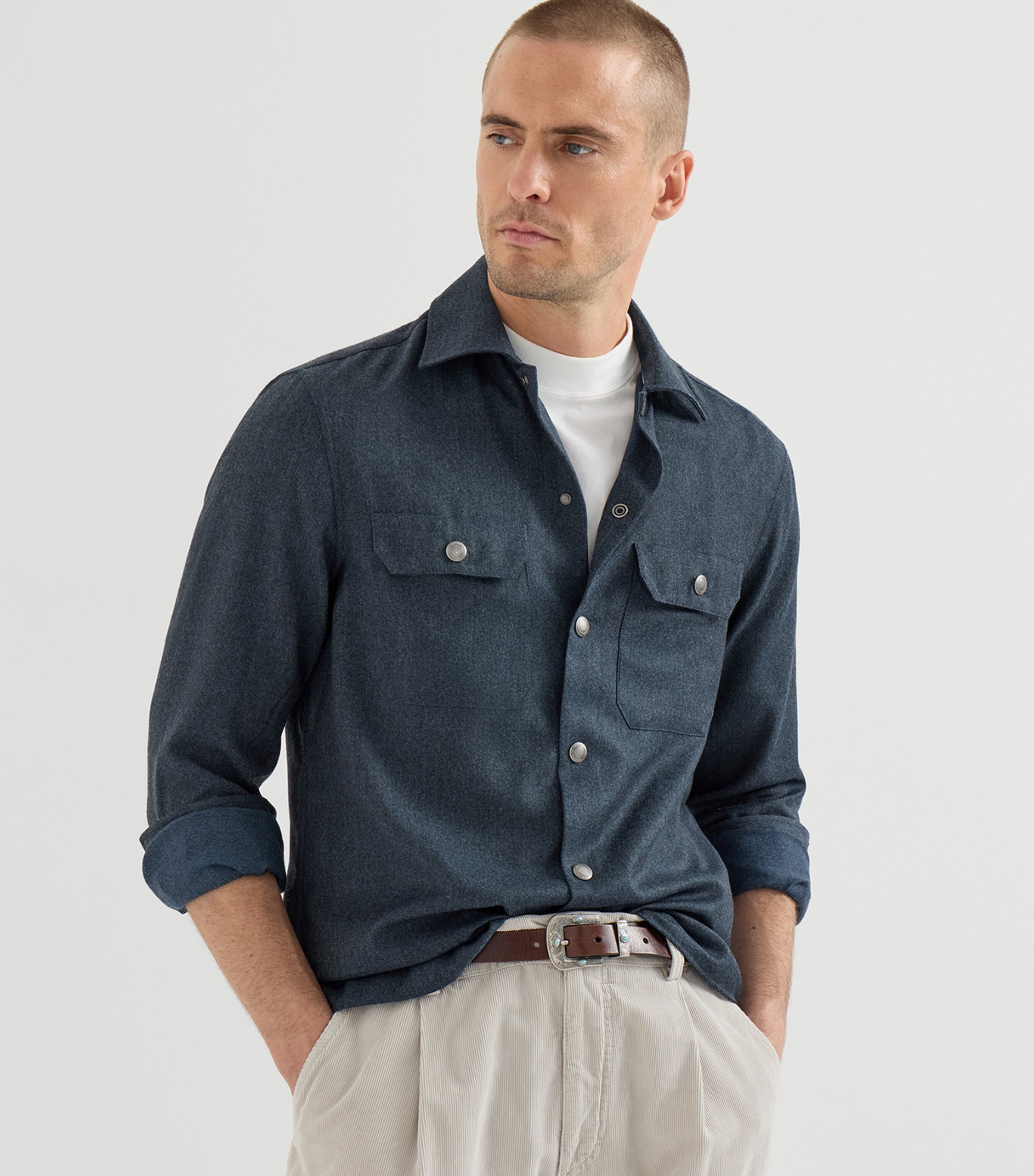 Brunello Cucinelli Mens Virgin Wool Flannel Overshirt Denim Image 4