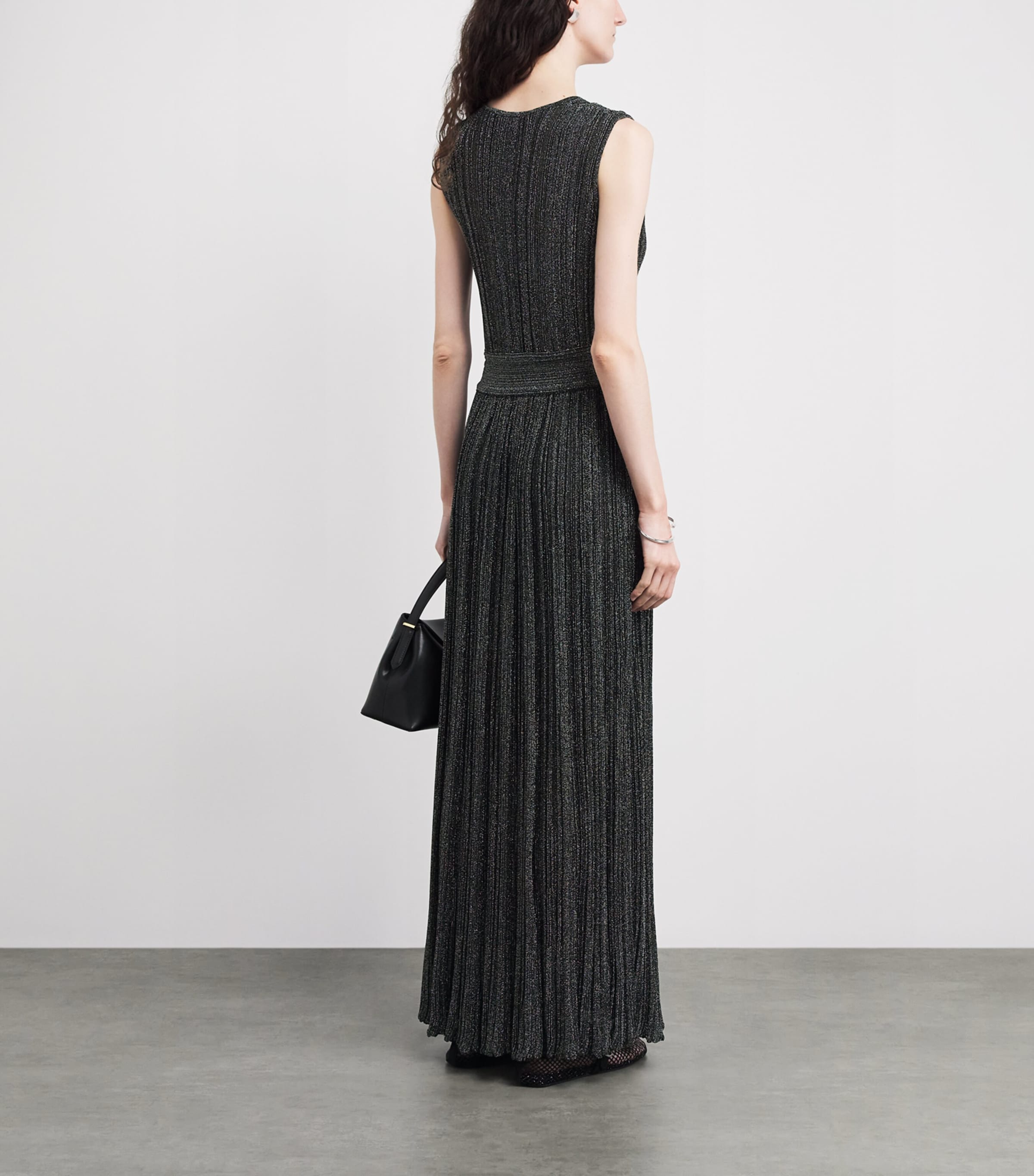 VALENTI Womens Knit Metallic V-Neck Maxi Dress Black Silver Image 4