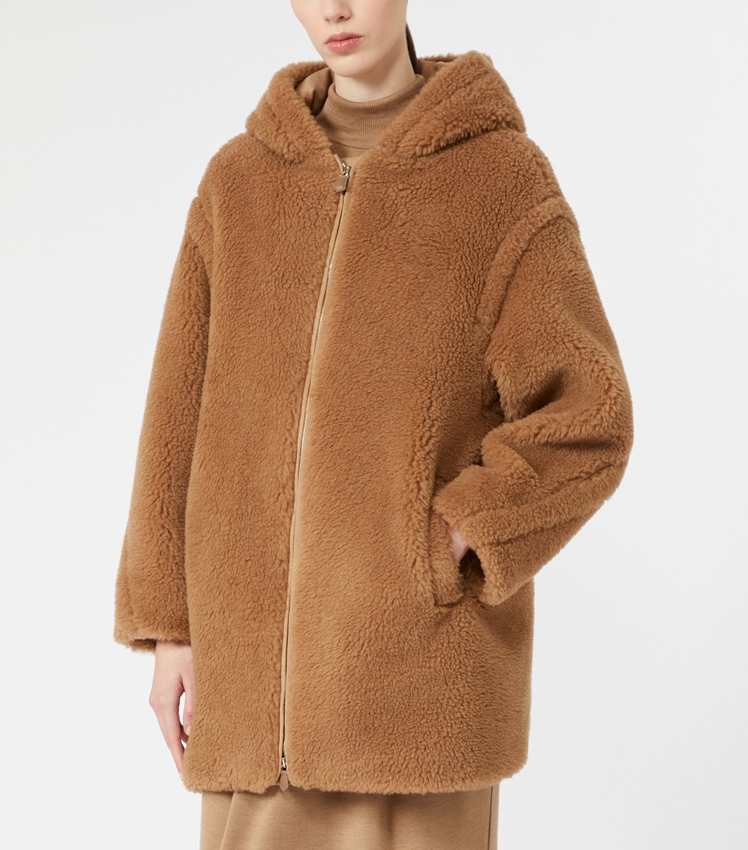 Max Mara Womens Camel-Silk Hooded Coat Camel Image 3