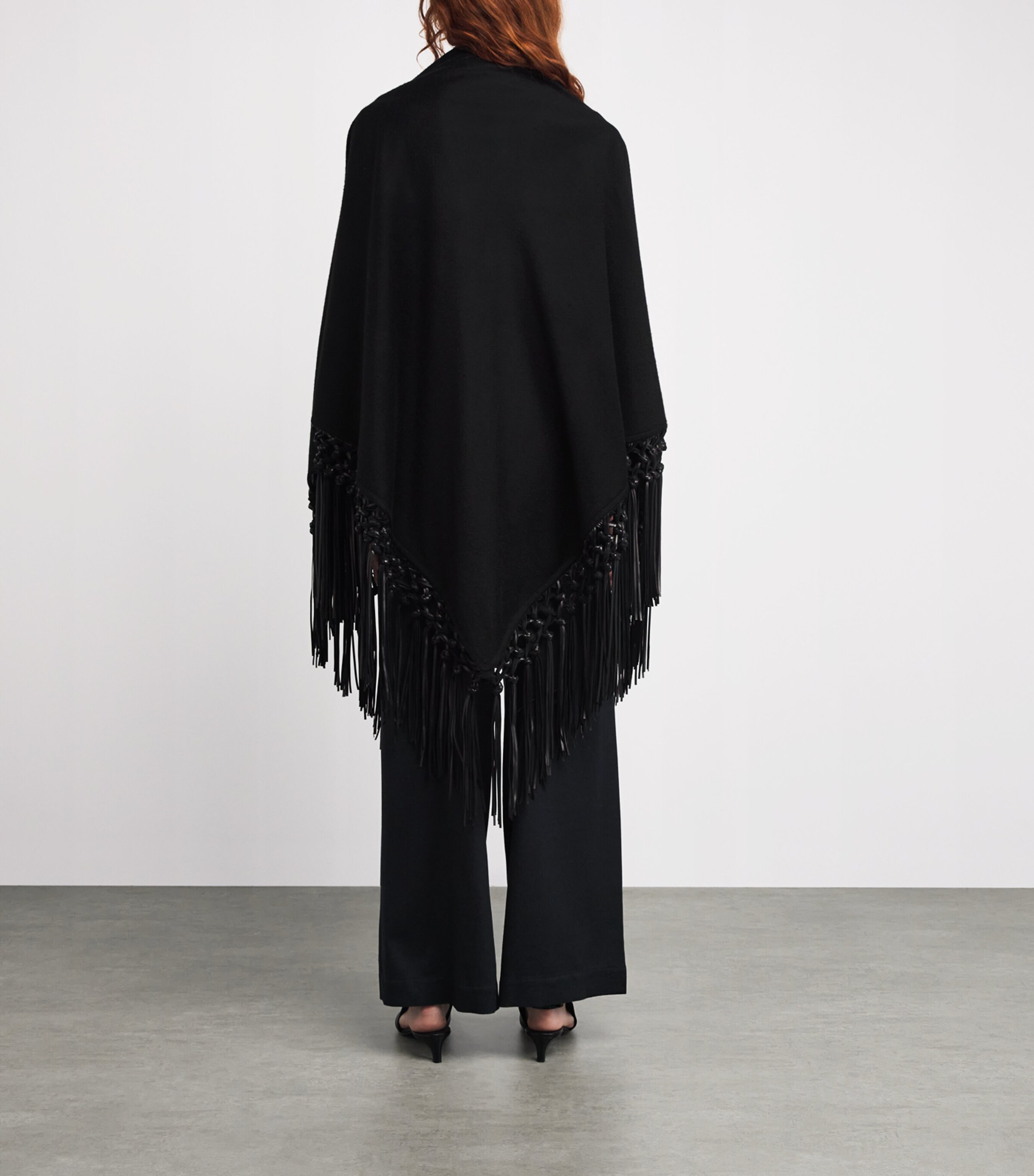 Cashmere and Leather Fringe-Trim Cape 0091 BLACK Image 4