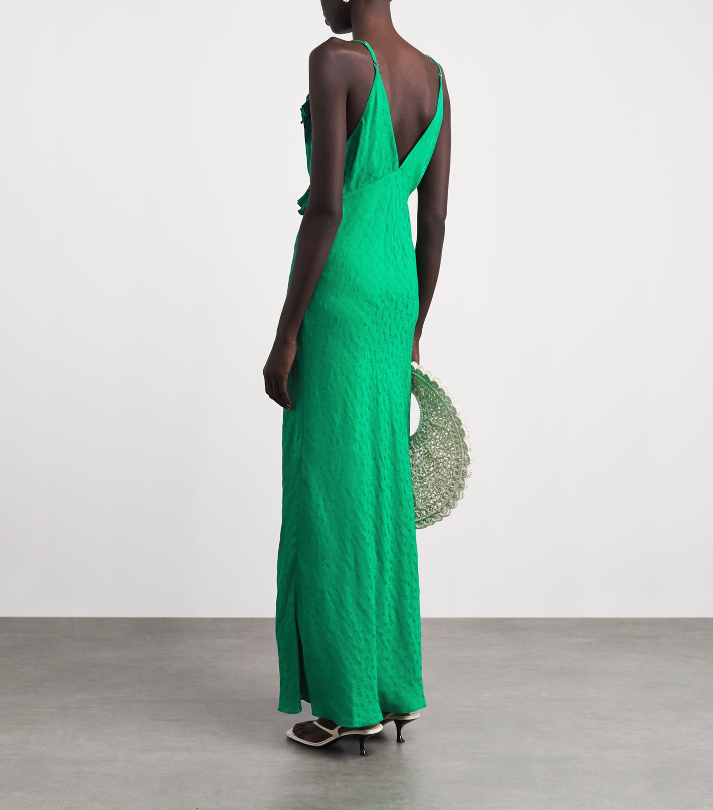 Sandro Paris Womens Ruffled-Detail Jacquard Maxi Dress Green Image 4