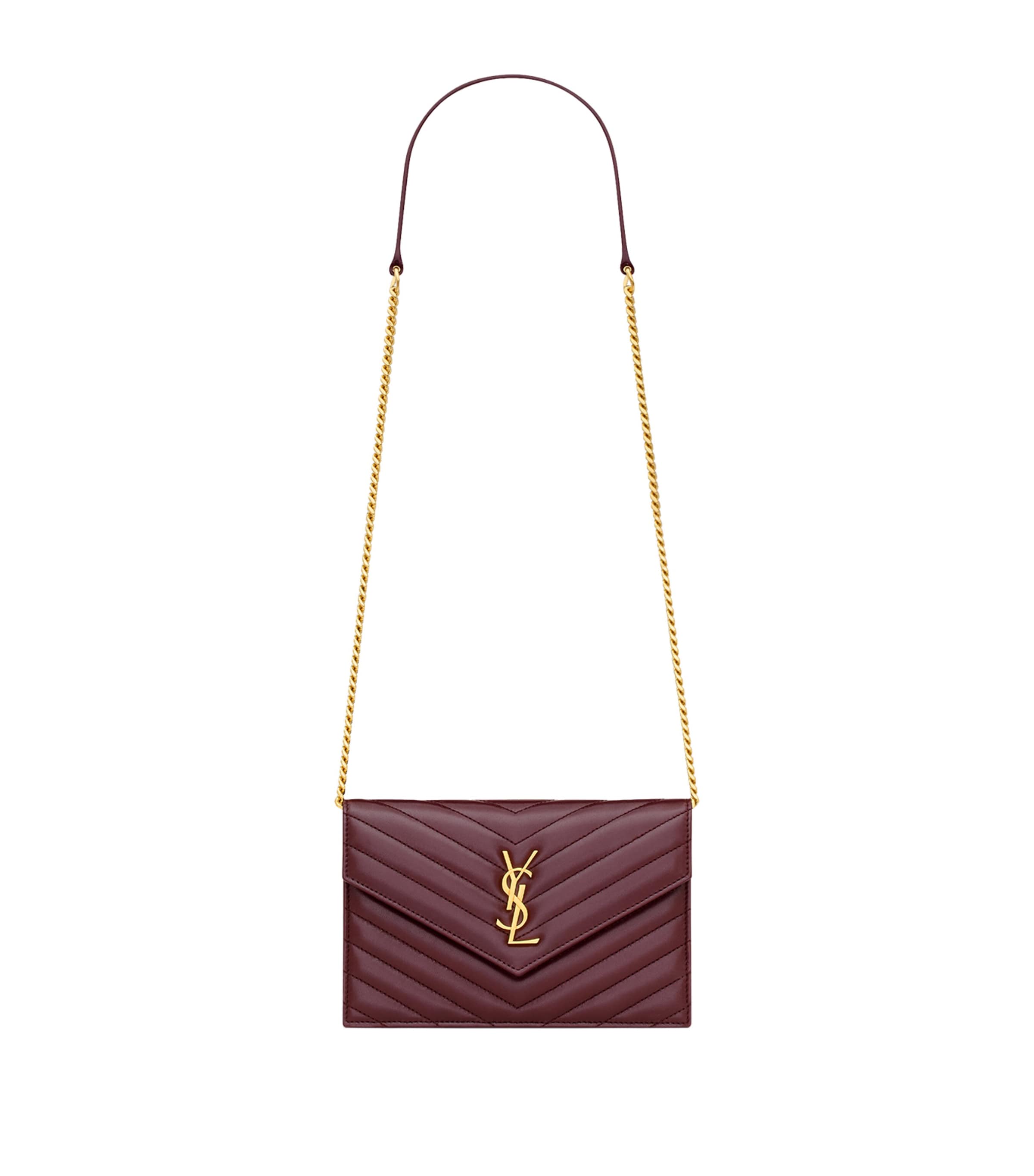Saint Laurent Leather Envelope Chain Wallet In Burgundy