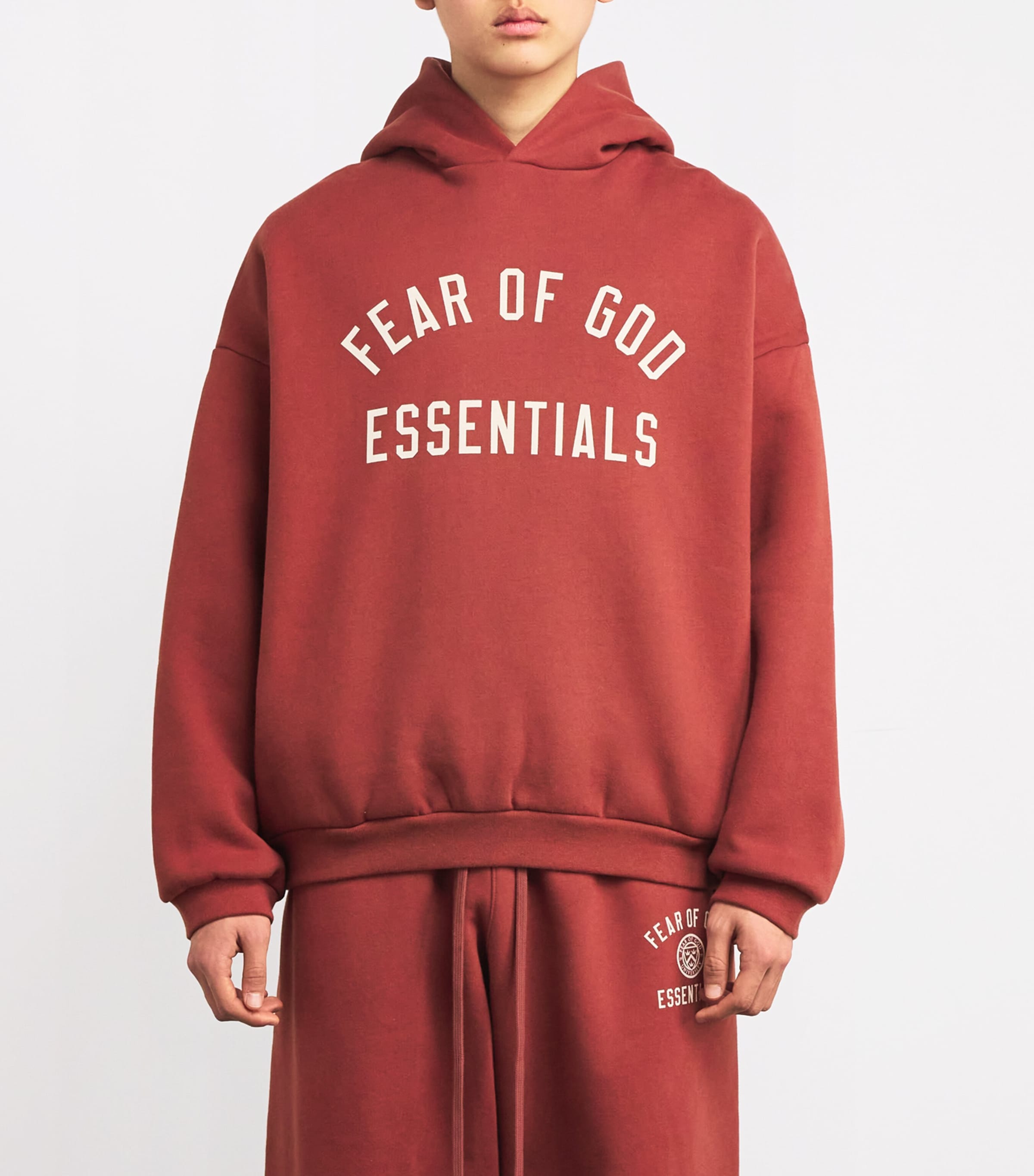 FEAR OF GOD ESSENTIALS Red Cotton-Blend Logo Print Hoodie | Harrods US