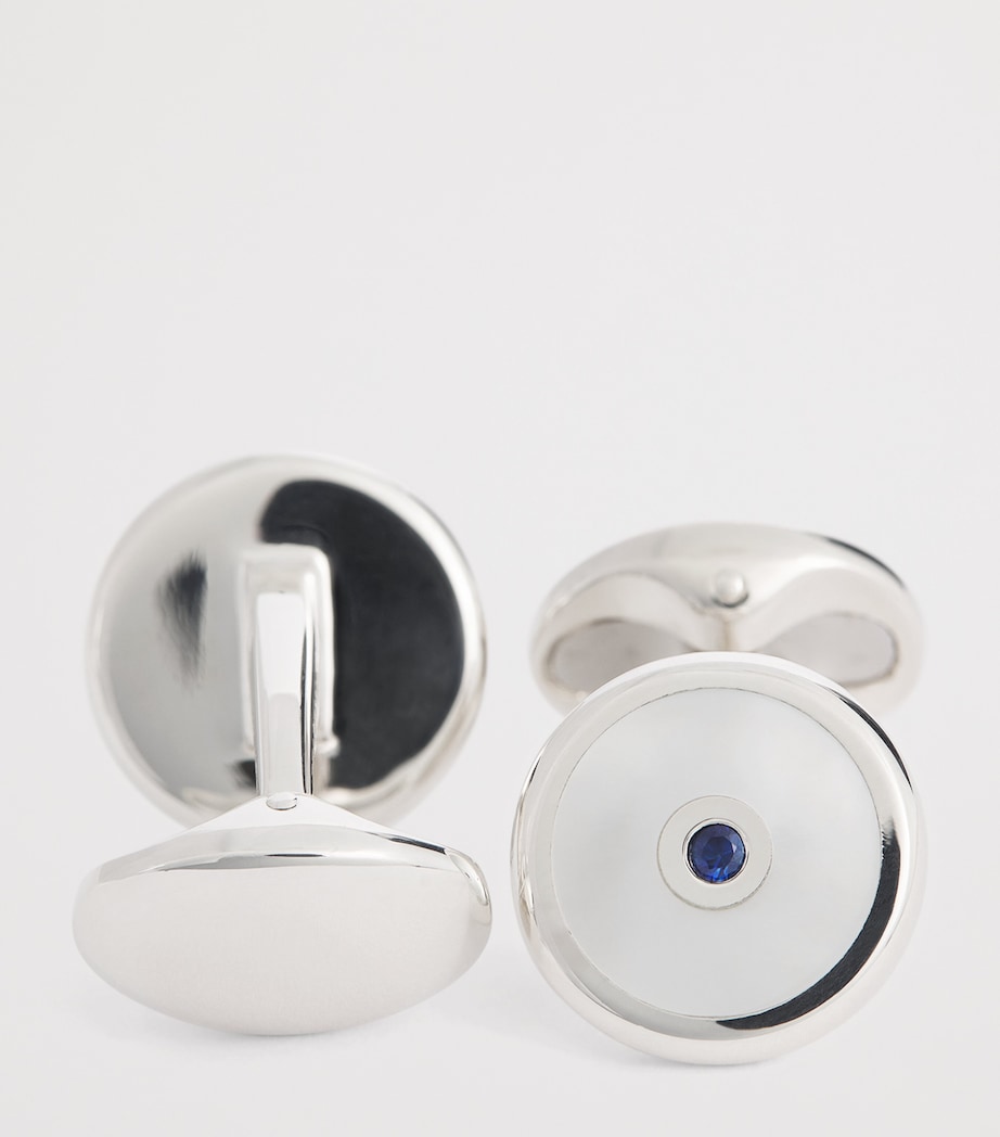 Sterling Silver, Mother-Of-Pearl and Sapphire Round Cufflinks WHITE Image 5