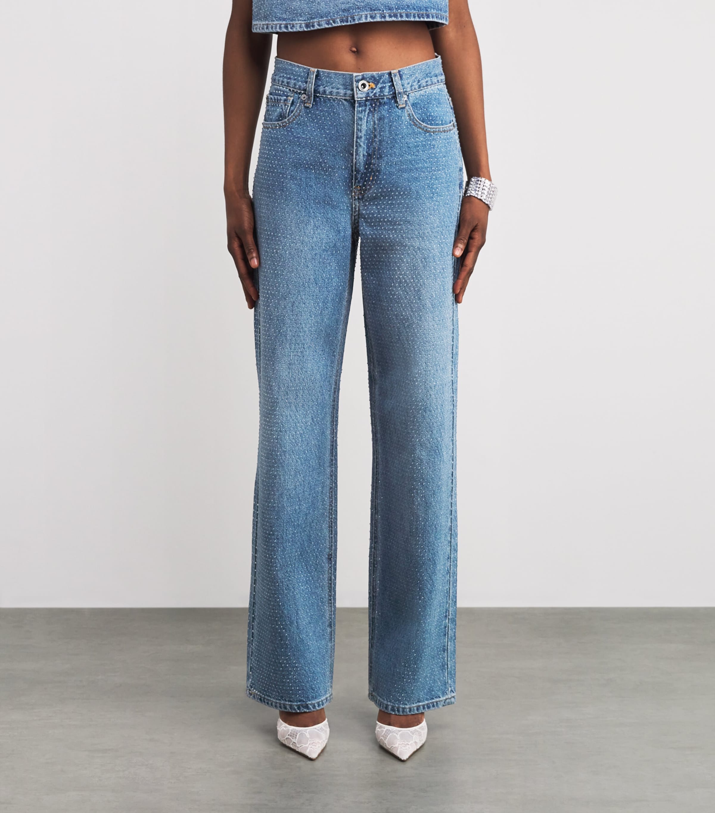 Rhinestone-Embellished Straight Jeans BLUE Image 3