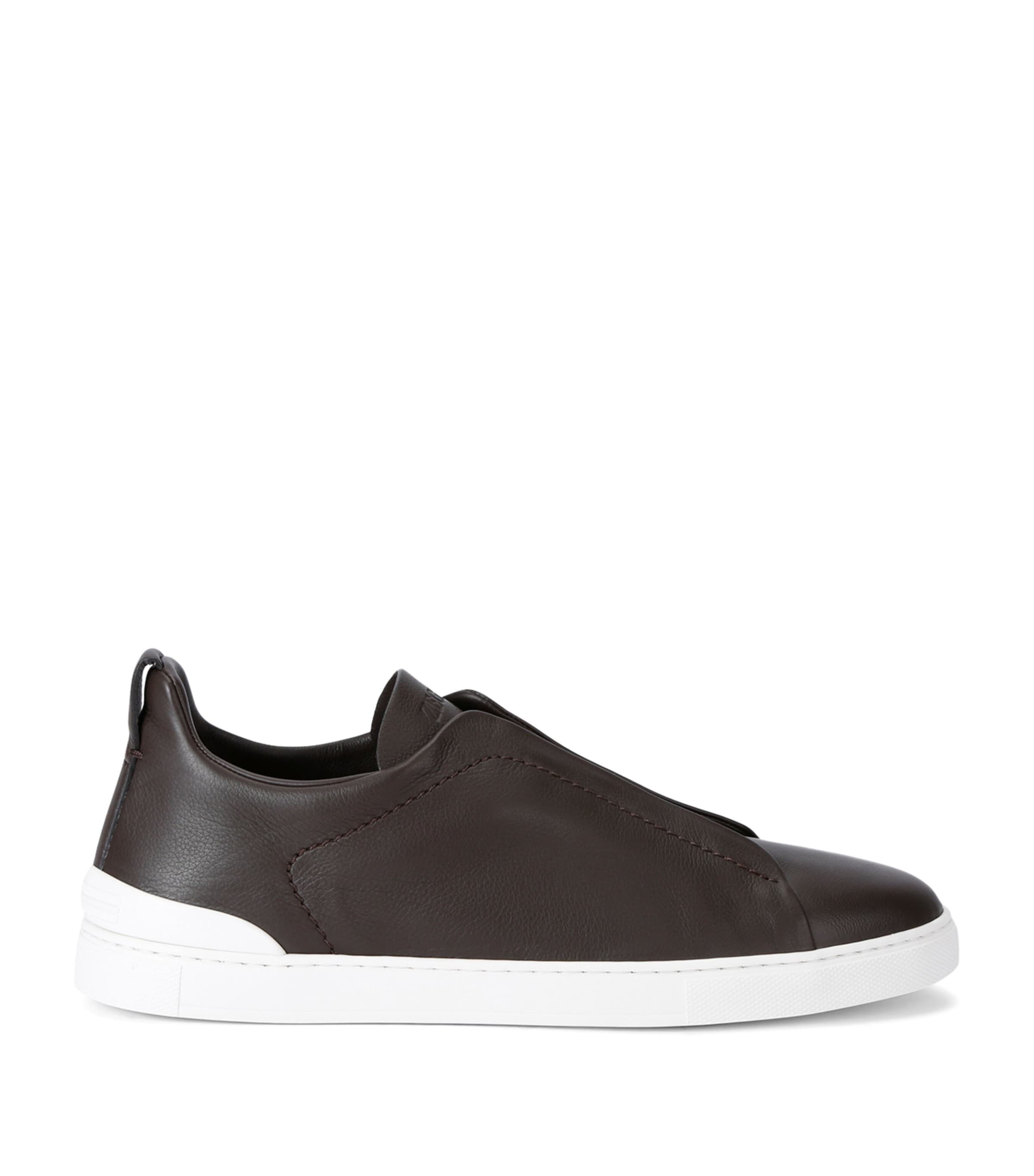 Shop Zegna Leather Triple Stitch Sneakers In Brown