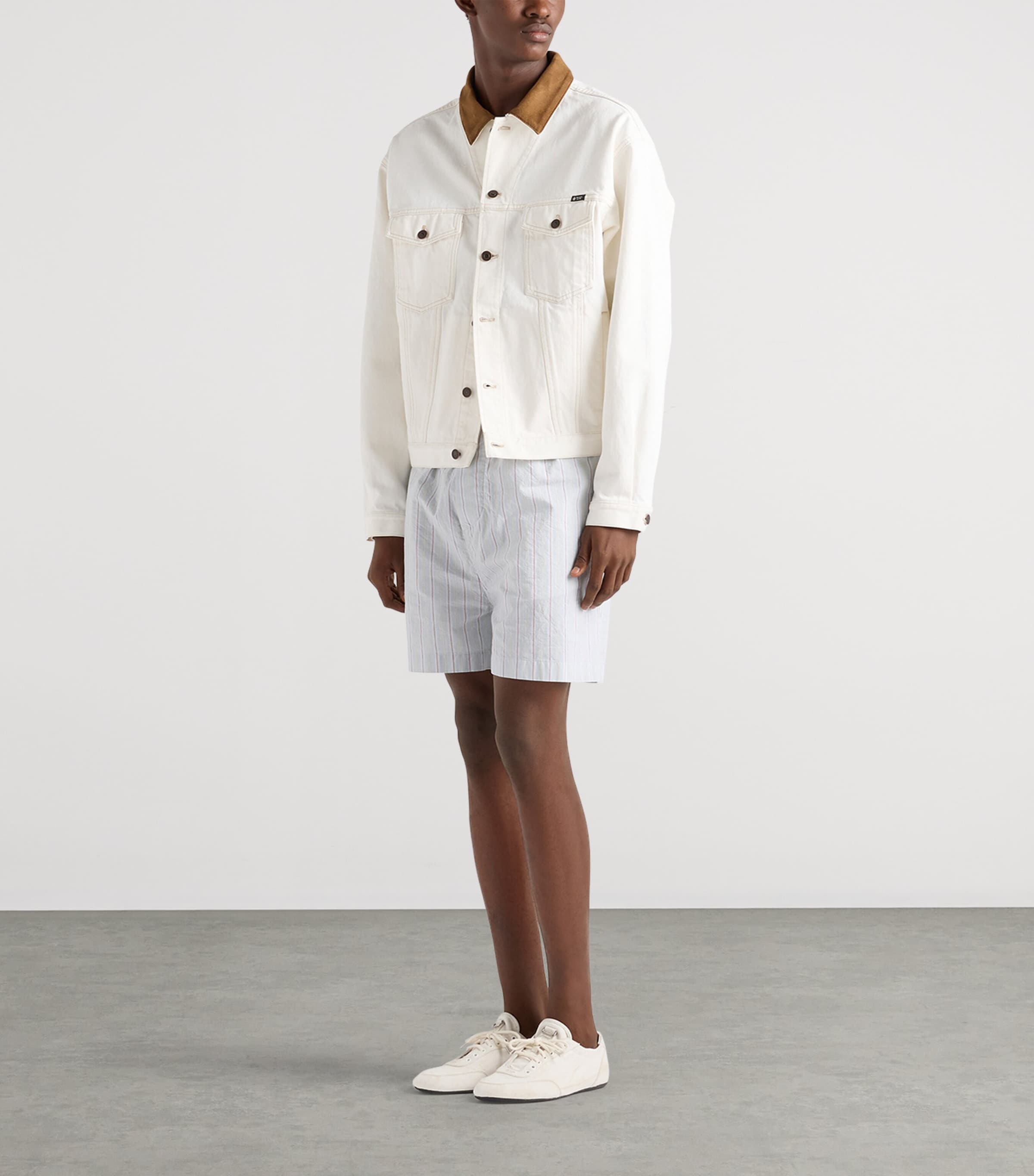 Prada Mens Leather-Collar Denim Jacket White Image 2