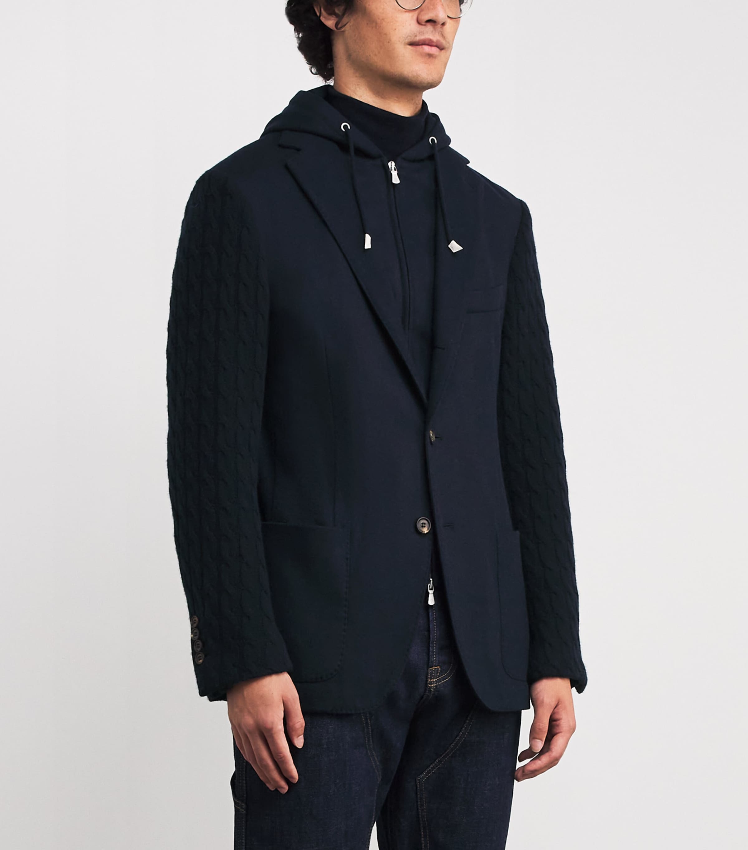Knitted-Sleeve Layered Blazer BLU, BLU Image 3