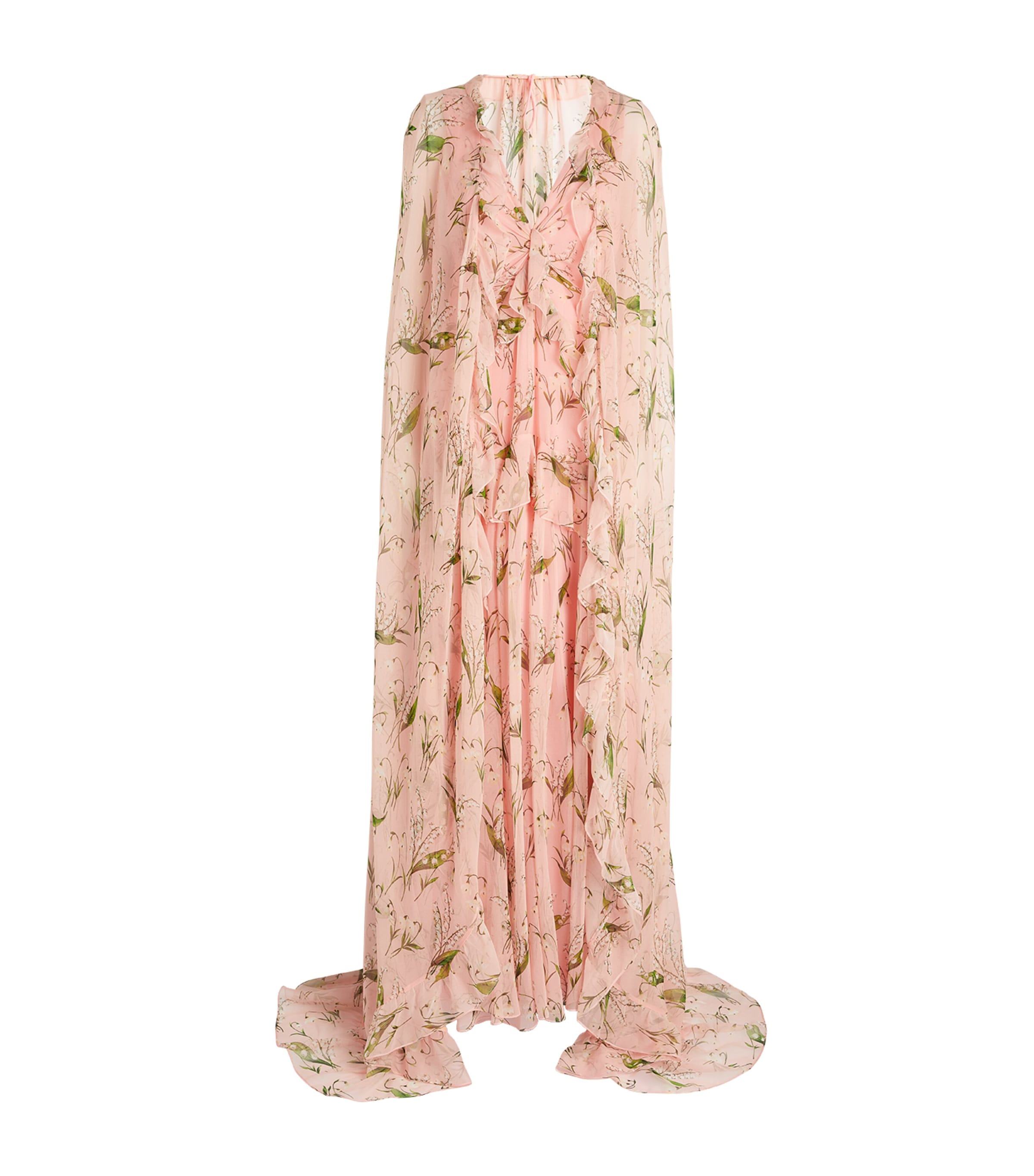 Carolina Herrera Floral V-neck Gown With Detachable Cape In Pink