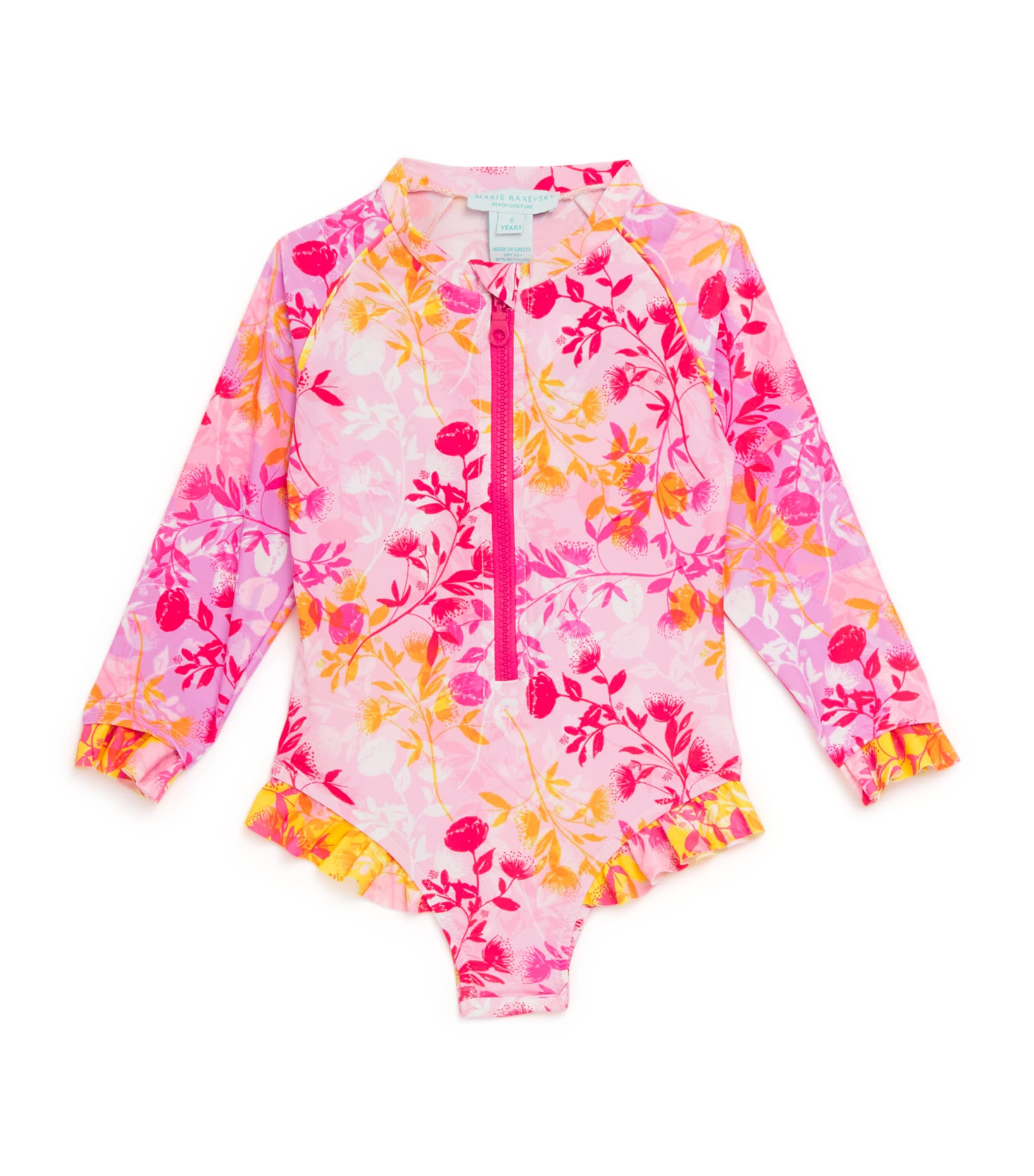Marie Raxevsky Long-sleeve Botanical Print Swimsuit In Pink