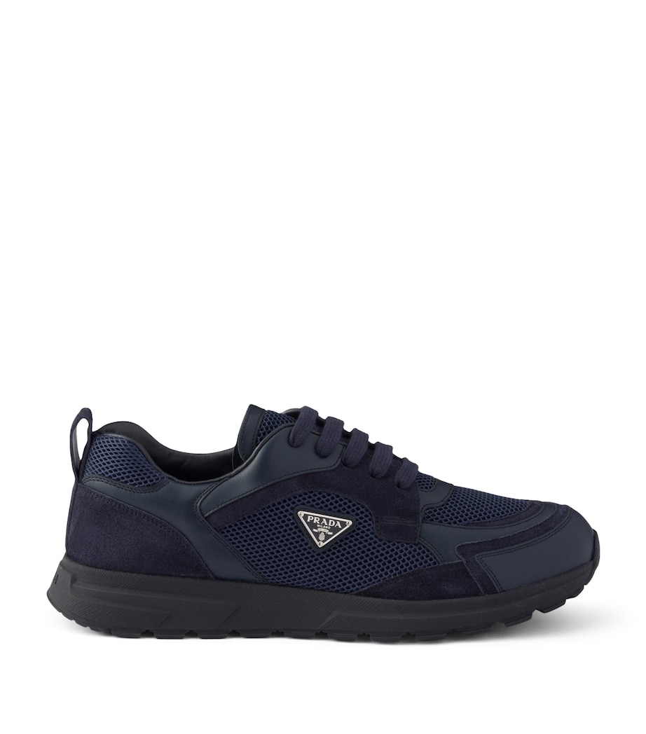 Prada Mens Mesh-Leather Prax Sneakers Blue Image 1