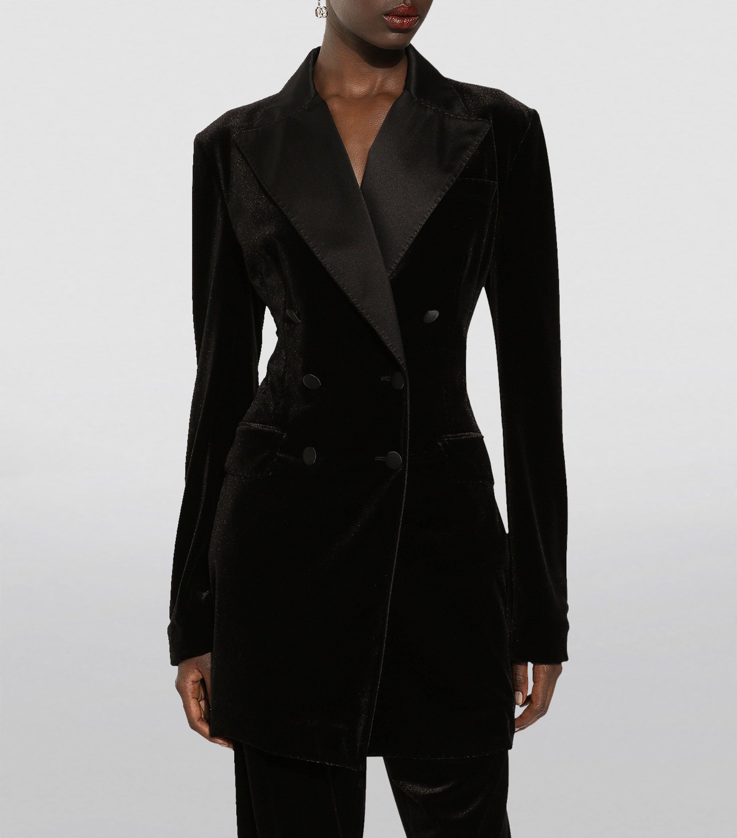 Velvet Double-Breasted Blazer N0000-BLACK Image 3