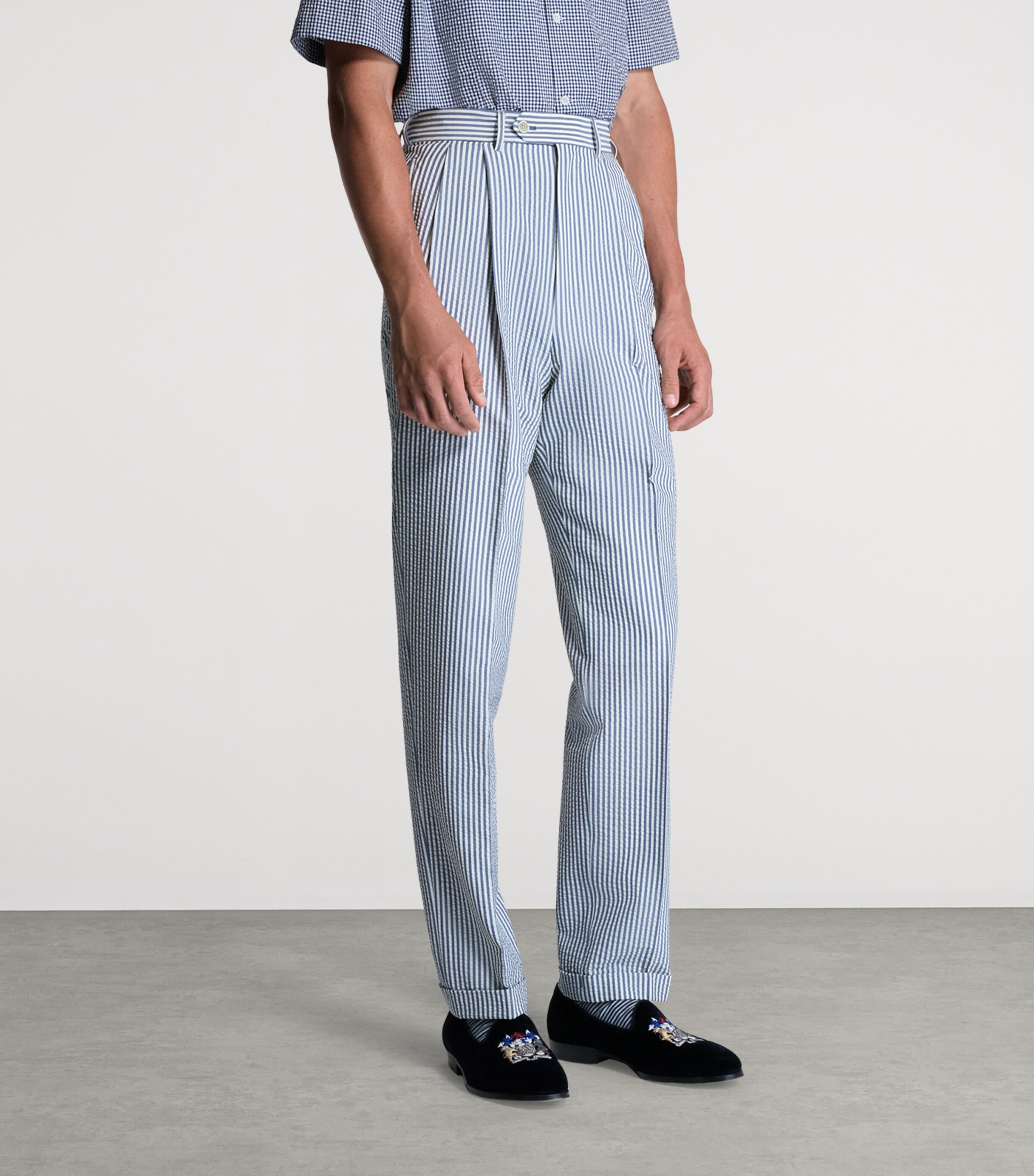 Dunhill Mens Wool-Silk Double-Pleated Stripe Trousers Blue White Image 4