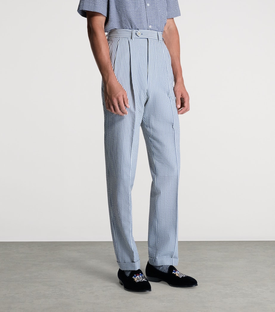 Dunhill Mens Wool-Silk Double-Pleated Stripe Trousers Blue White Image 4