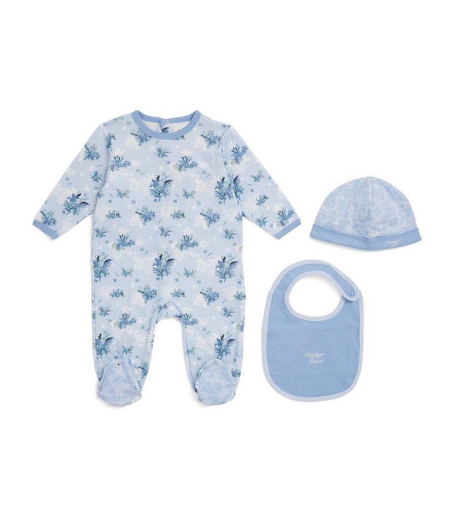 Kenzo Kids Floral All-In-One, Hat and Bib Set (3-24 Months) Pale Blue Image 1