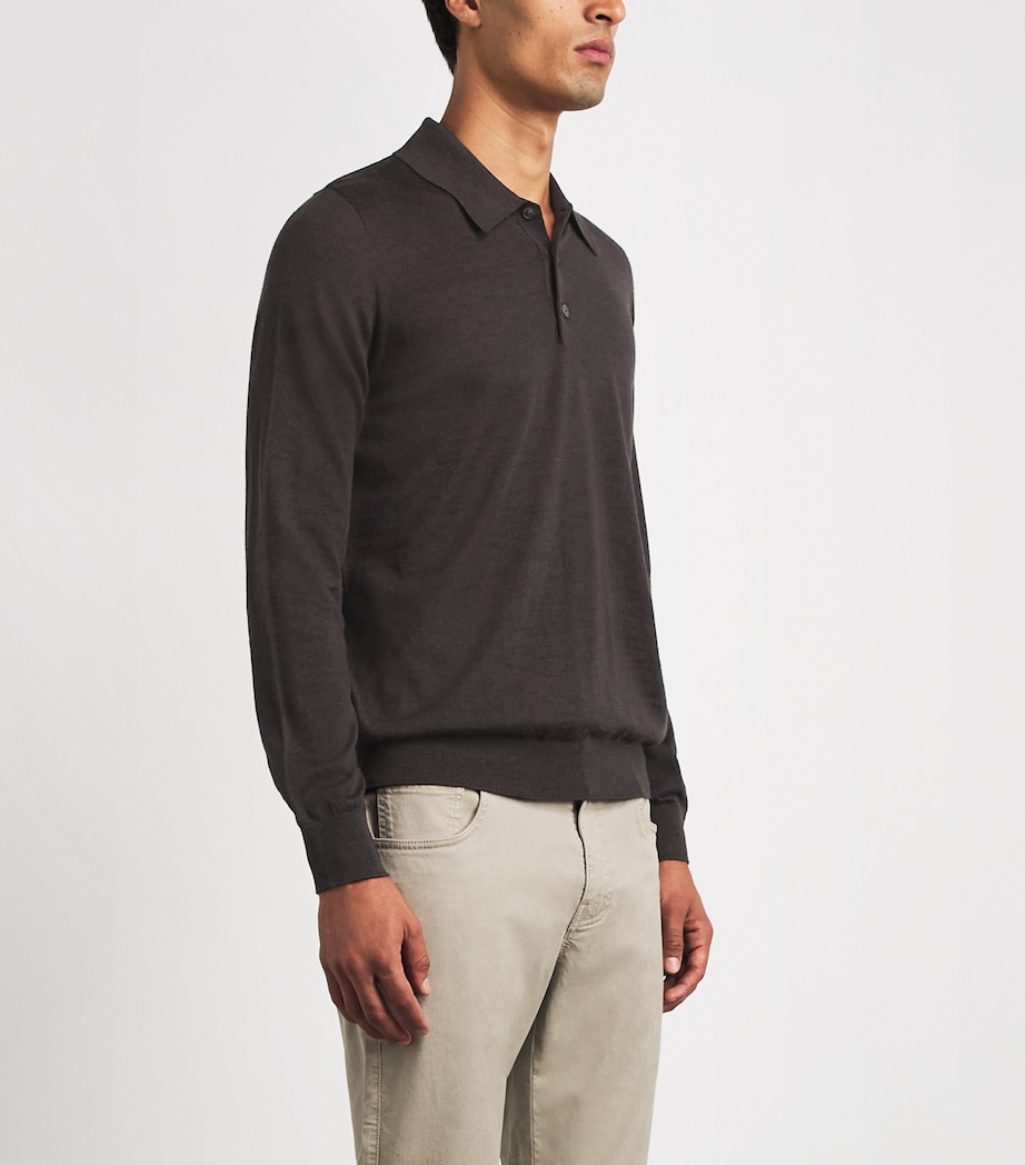 Purdey Mens Merino Wool Long-Sleeve Polo Shirt Chocolate Image 4