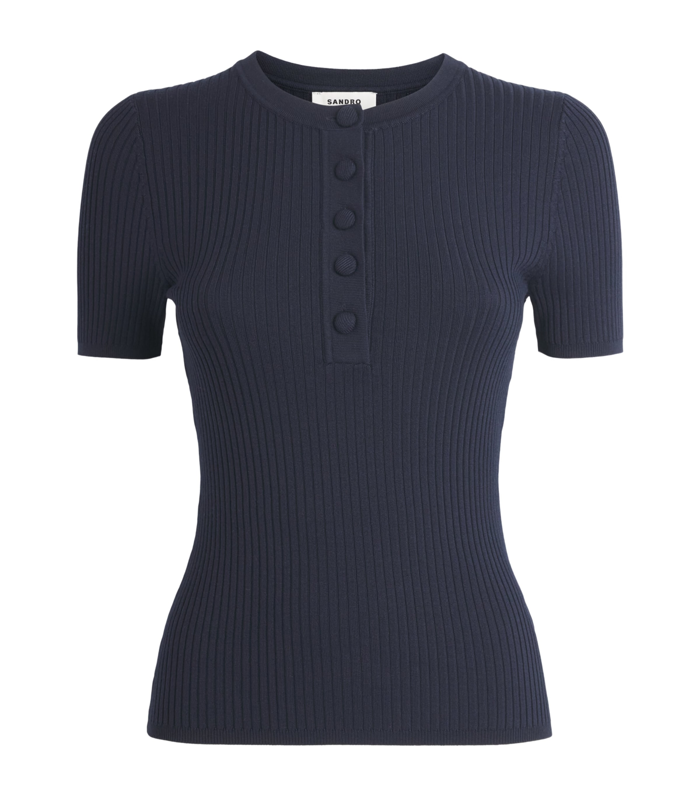 Sandro Paris Womens Rib-Knit Short-Sleeve Sweater Navy Blue Image 1