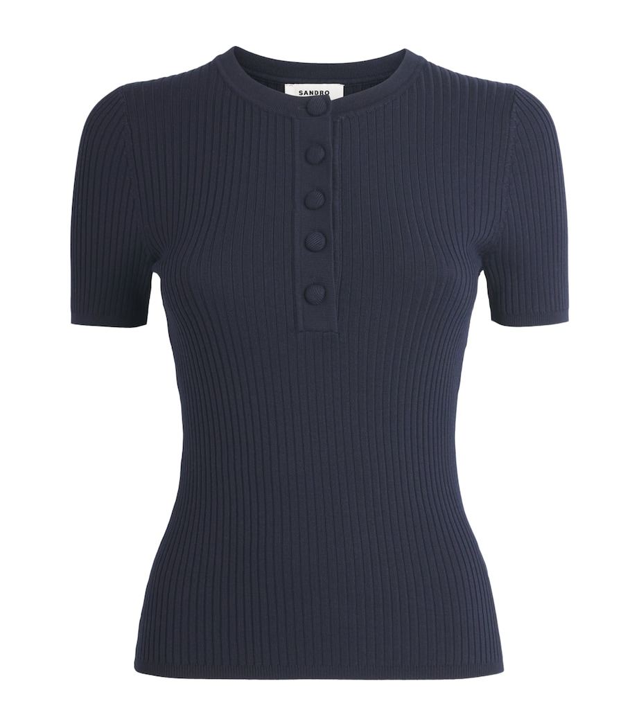 Sandro Paris Womens Rib-Knit Short-Sleeve Sweater Navy Blue Image 1