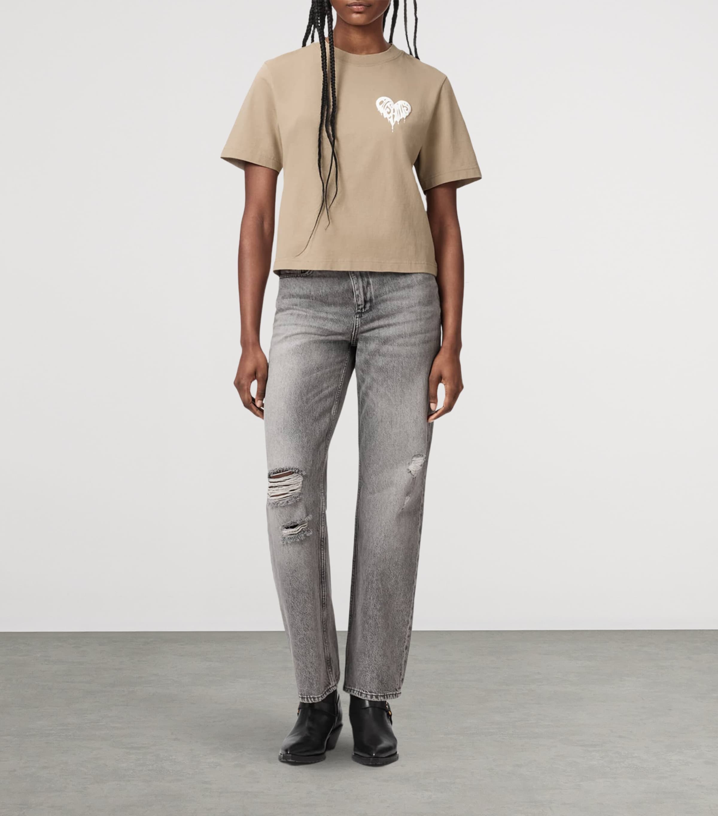AllSaints Womens Organic Cotton Lisa Trip Logo T-Shirt Shale Grey Image 2