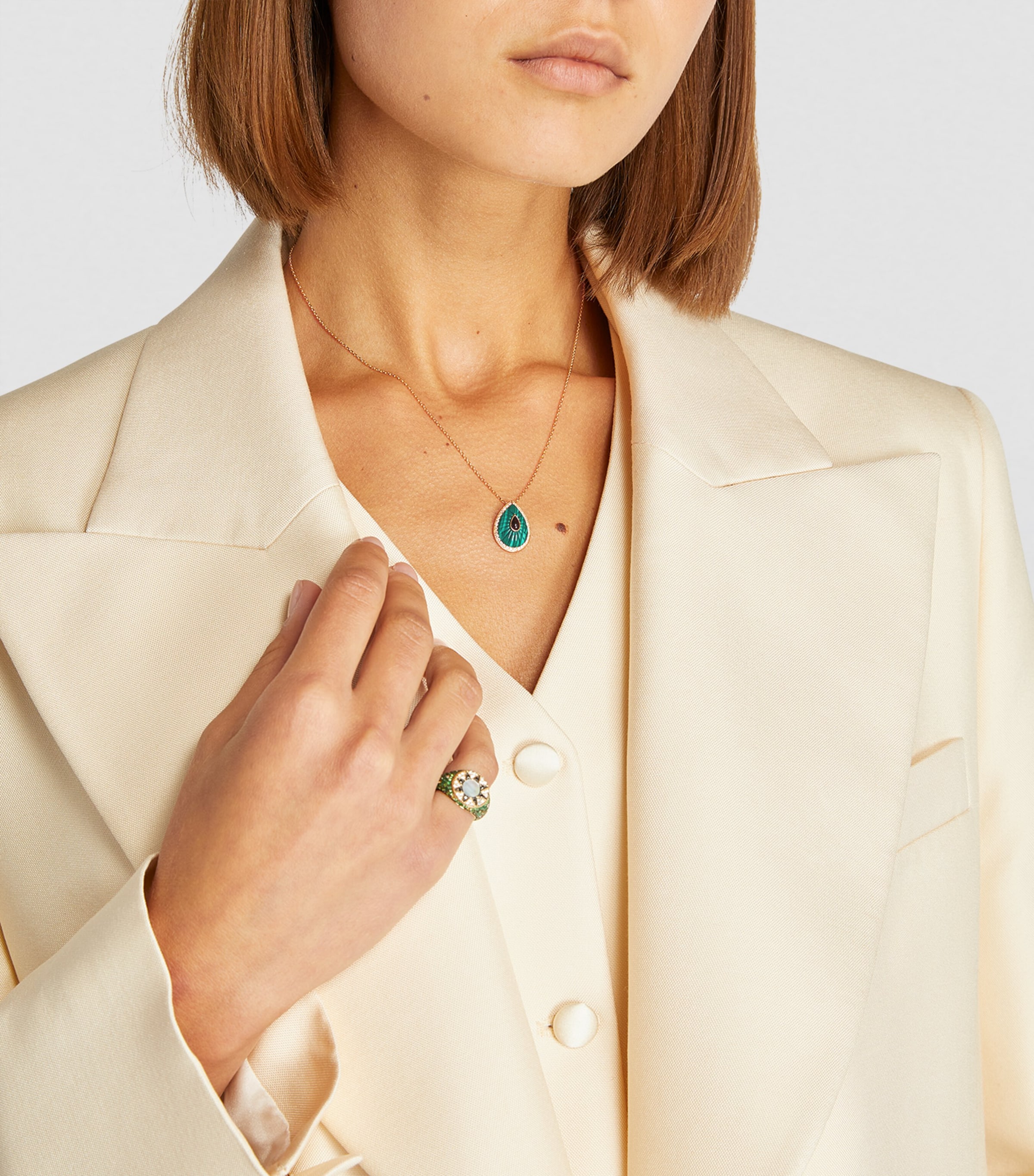 Yellow Gold, Diamond and Malachite Bond Street Pendant Necklace GREEN Image 3