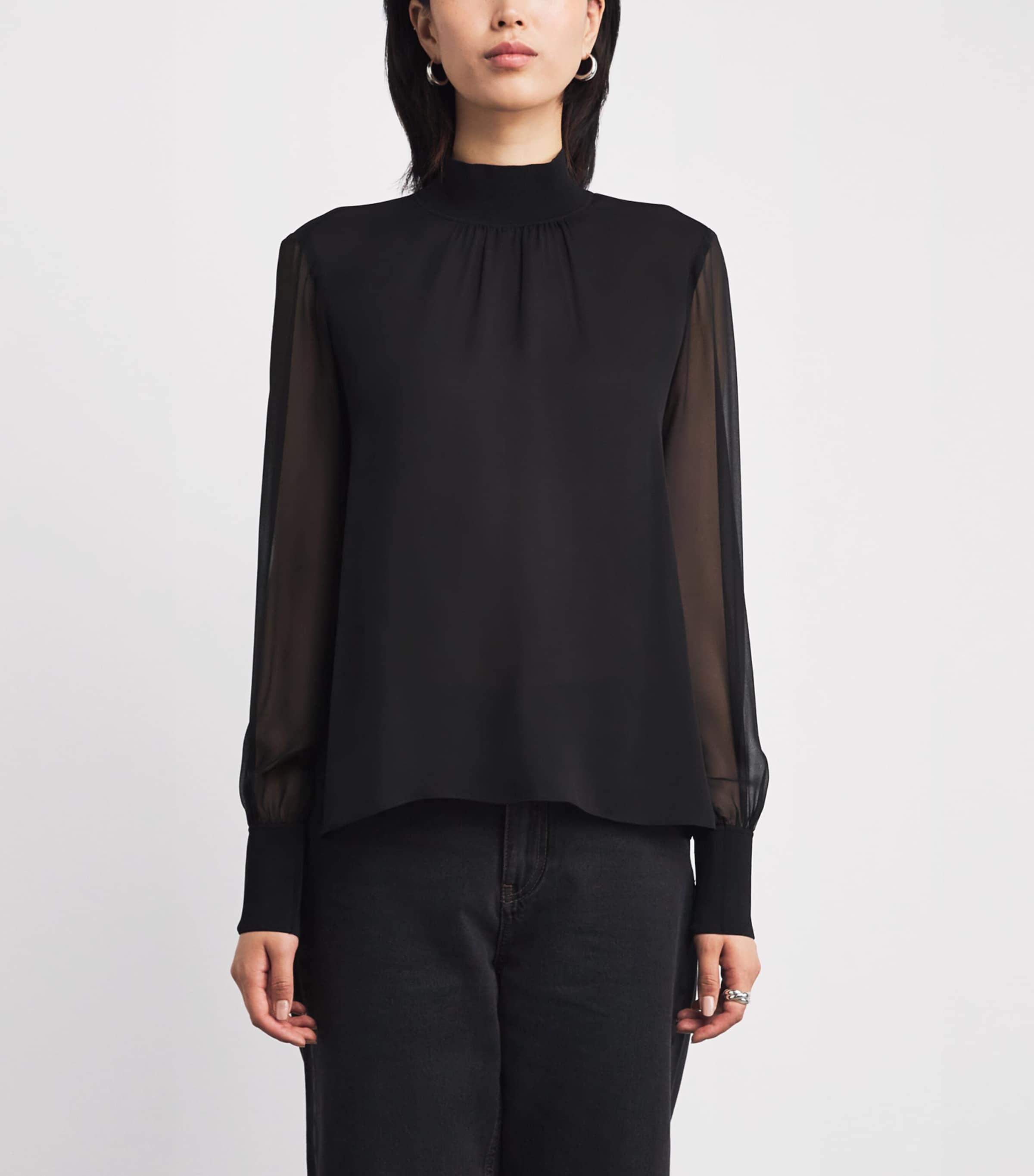 Silk Sheer-Sleeve Blouse BLACK Image 3