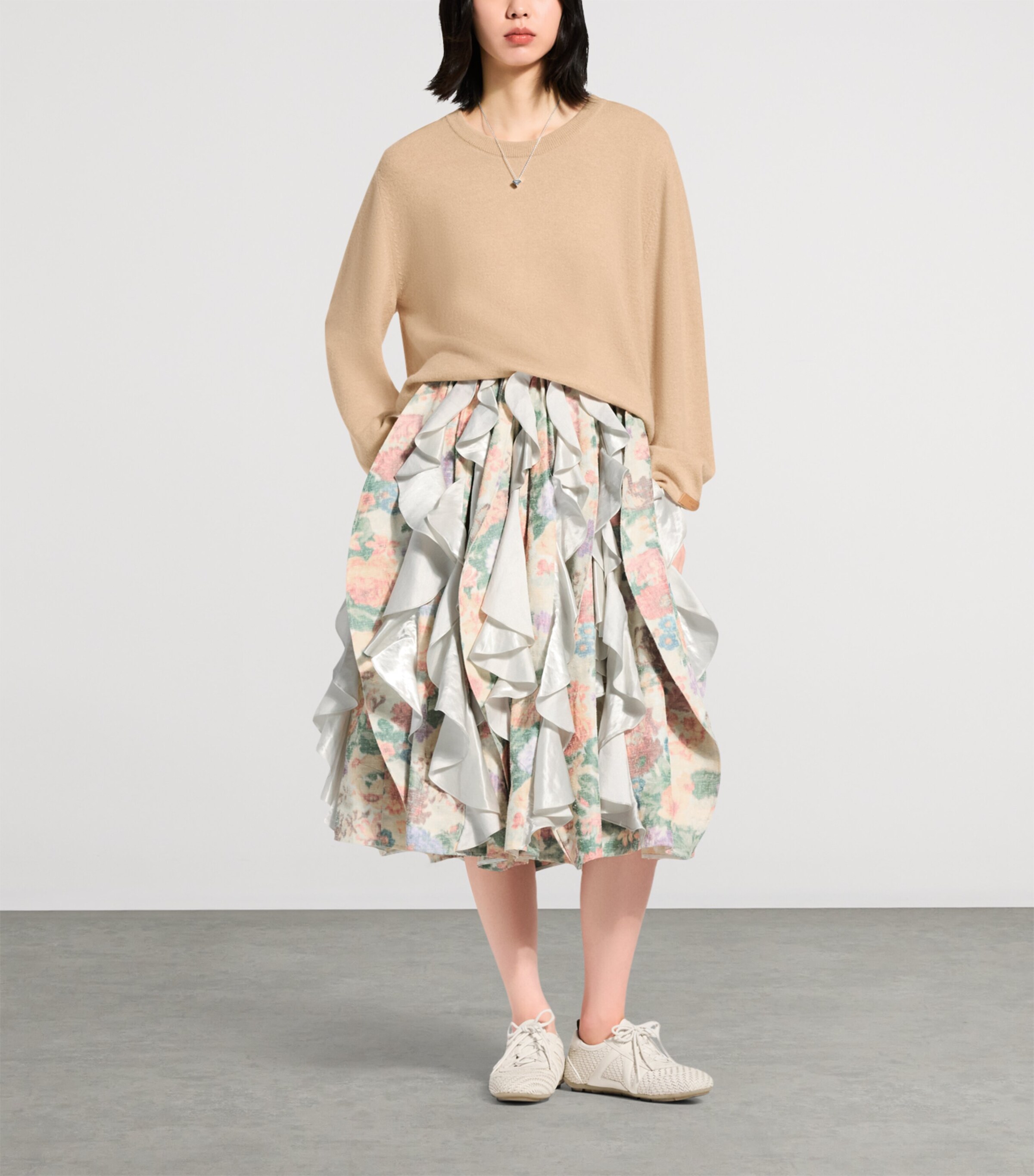 LOUIS VUITTON Womens Floral Ruffle-Insert Midi Skirt Beige Image 2