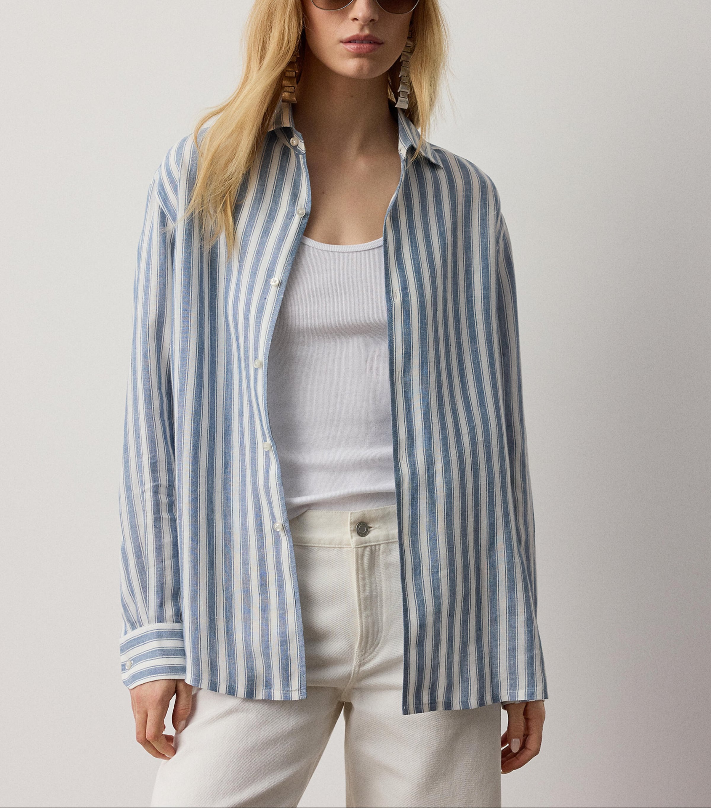 Ralph Lauren Collection Womens Linen Capri Shirt Chambray Blue/cream Image 2