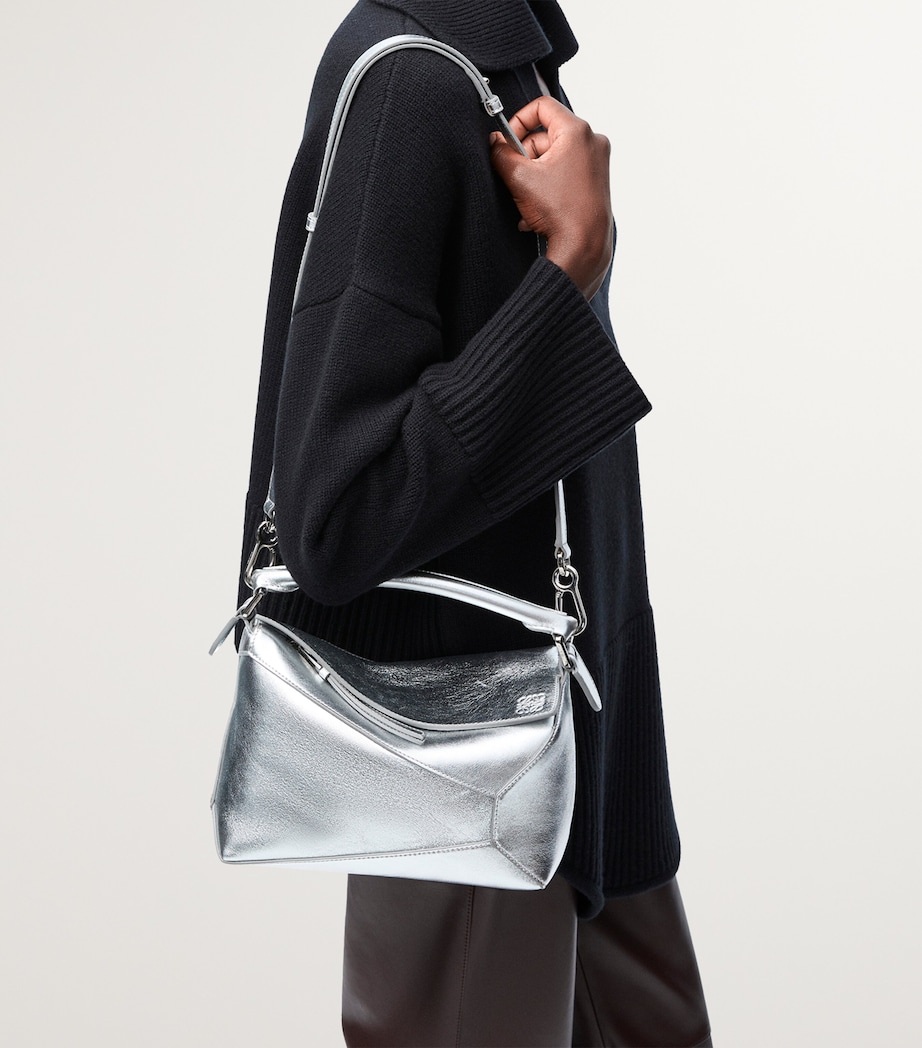 Small Metallic Leather Puzzle Top-Handle Bag SILVER Image 9