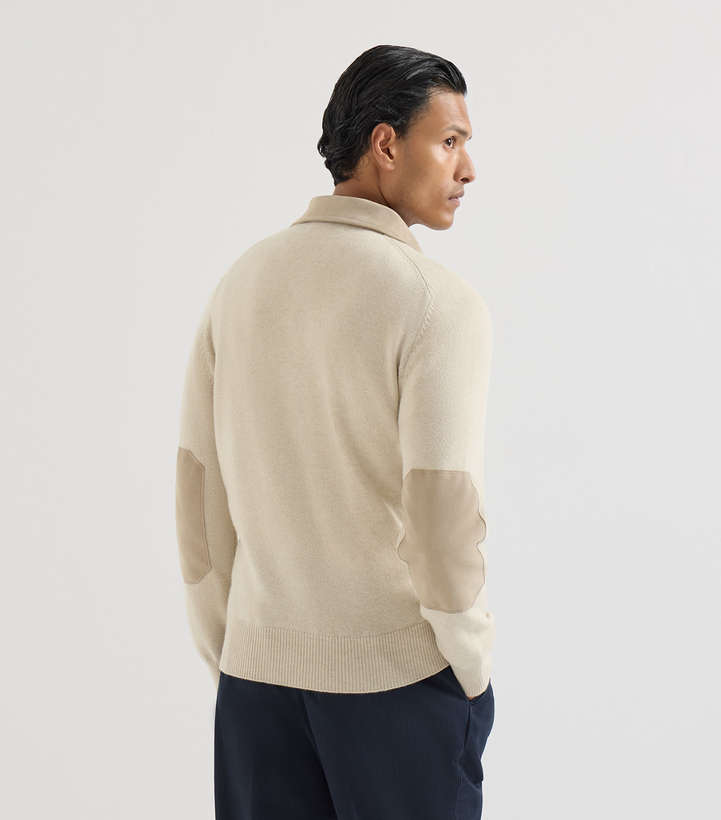 Brunello Cucinelli Mens Cashmere Suede-Collar Polo Sweater Sabbia Image 3