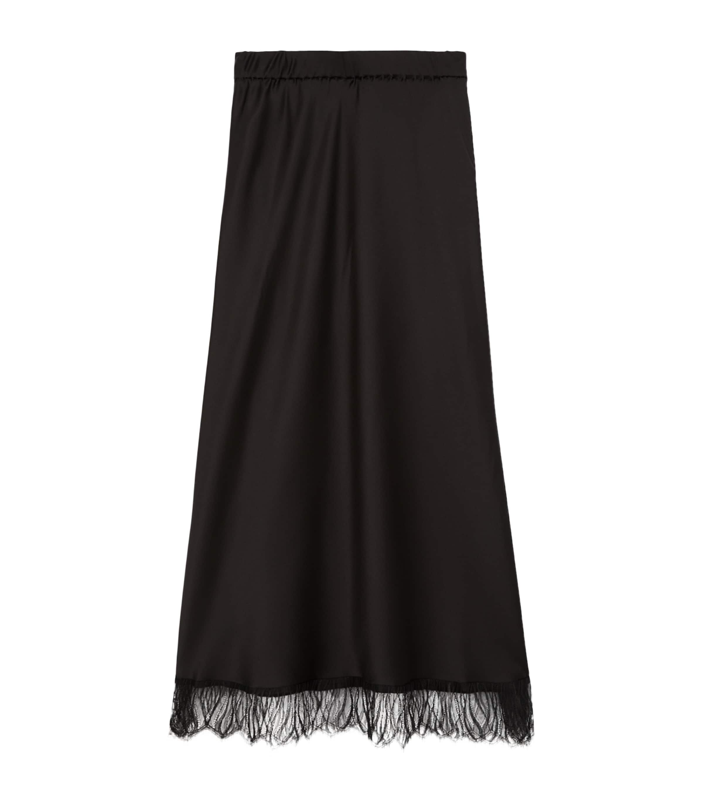 The Kooples Womens Black Scalloped Lace-trim High-rise Silk Midi Skirt