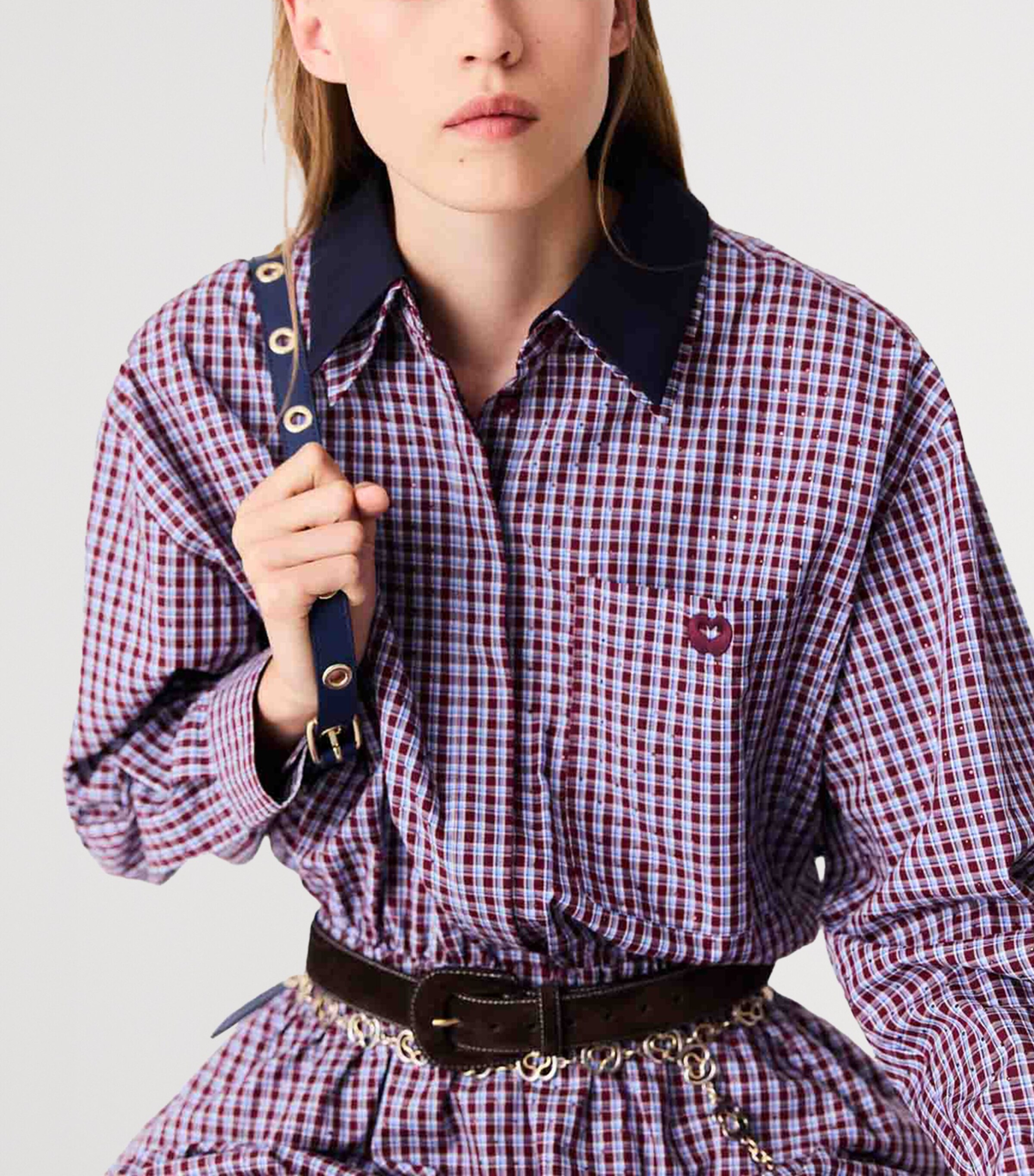 Maje Womens Cotton Check Mini Shirt Dress Burgundy Image 9