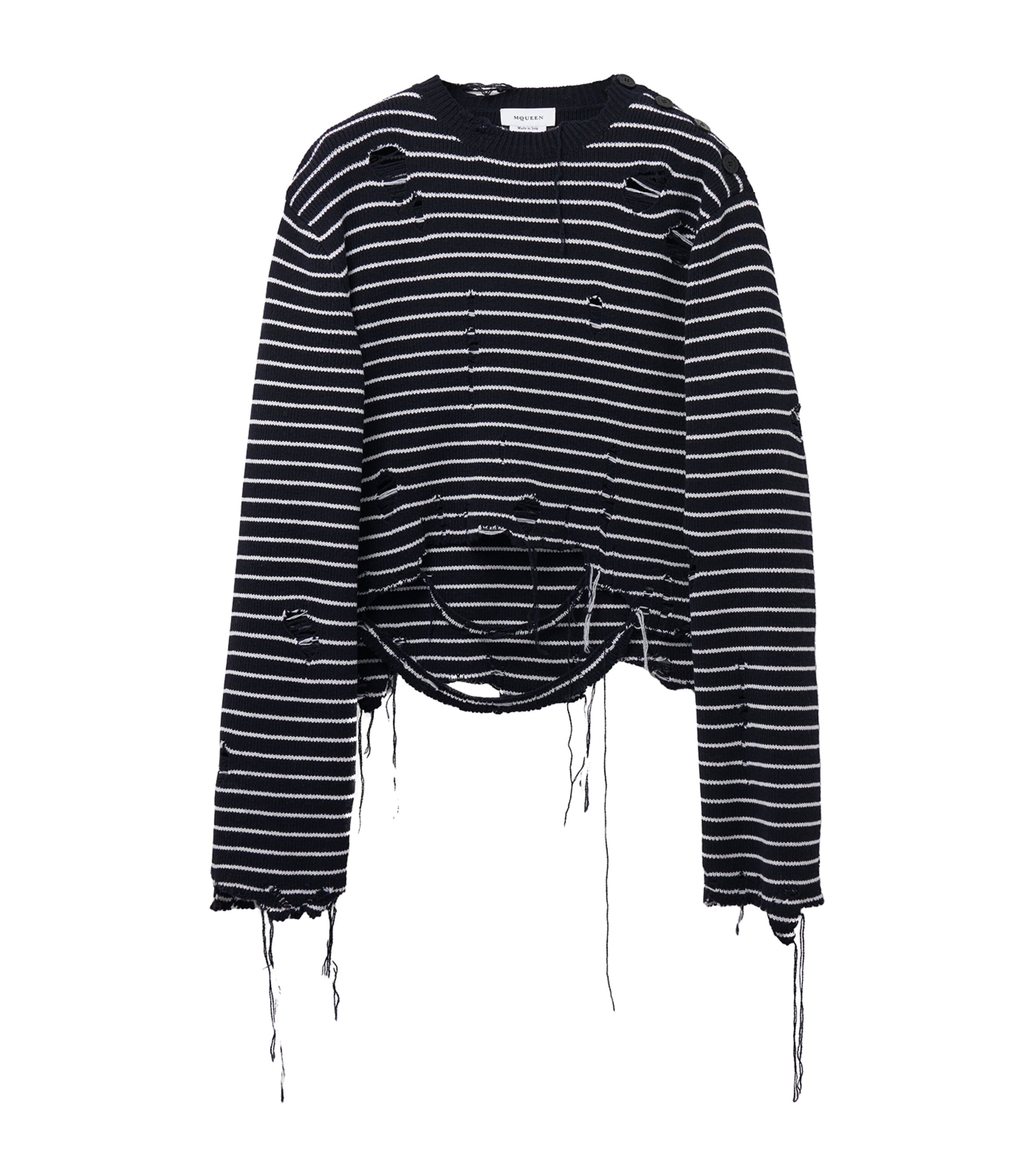 Shop Alexander Mcqueen Wool Distressed Striped Sweater In Blue