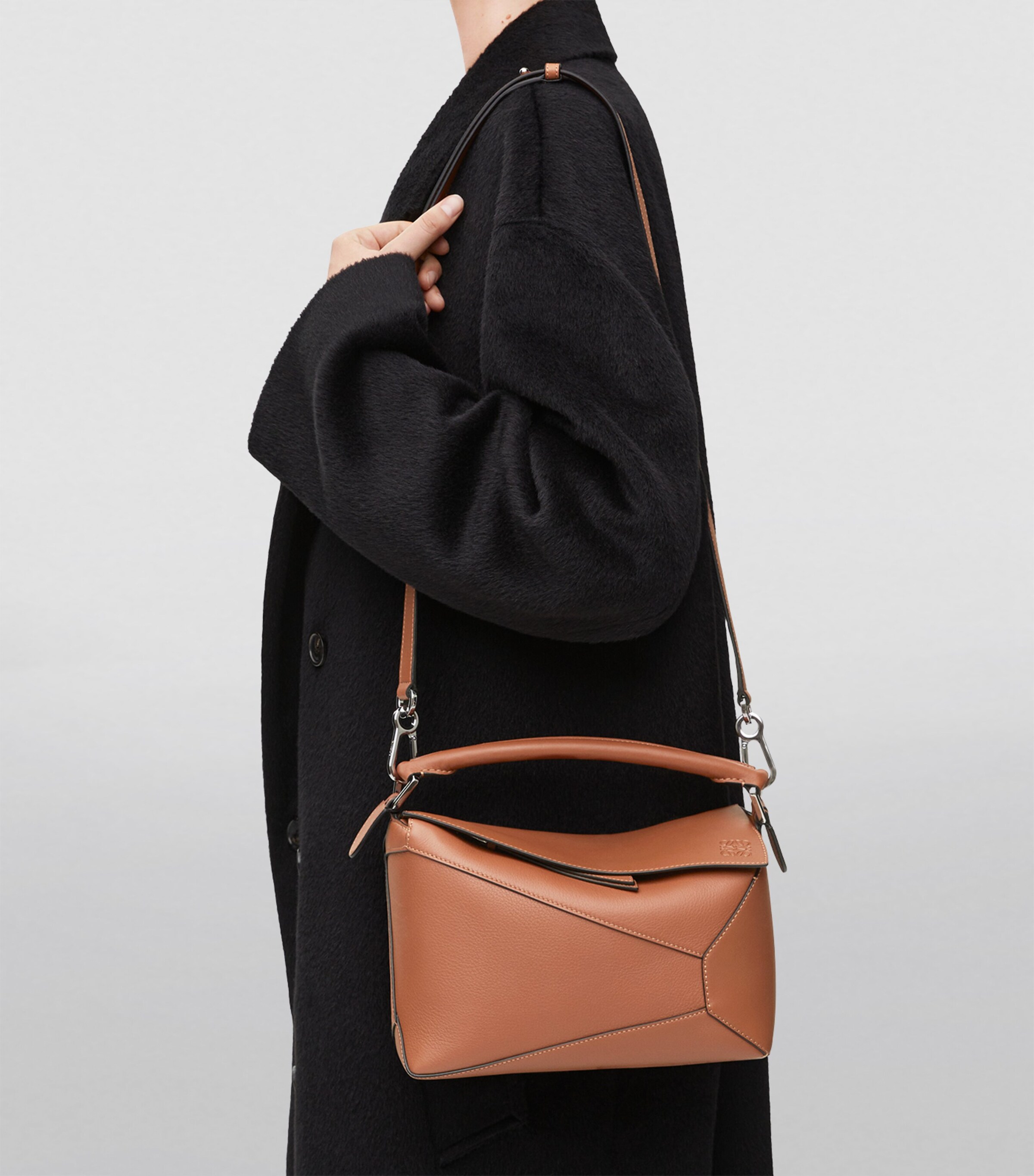 Small Leather Puzzle Edge Top-Handle Bag TAN Image 10