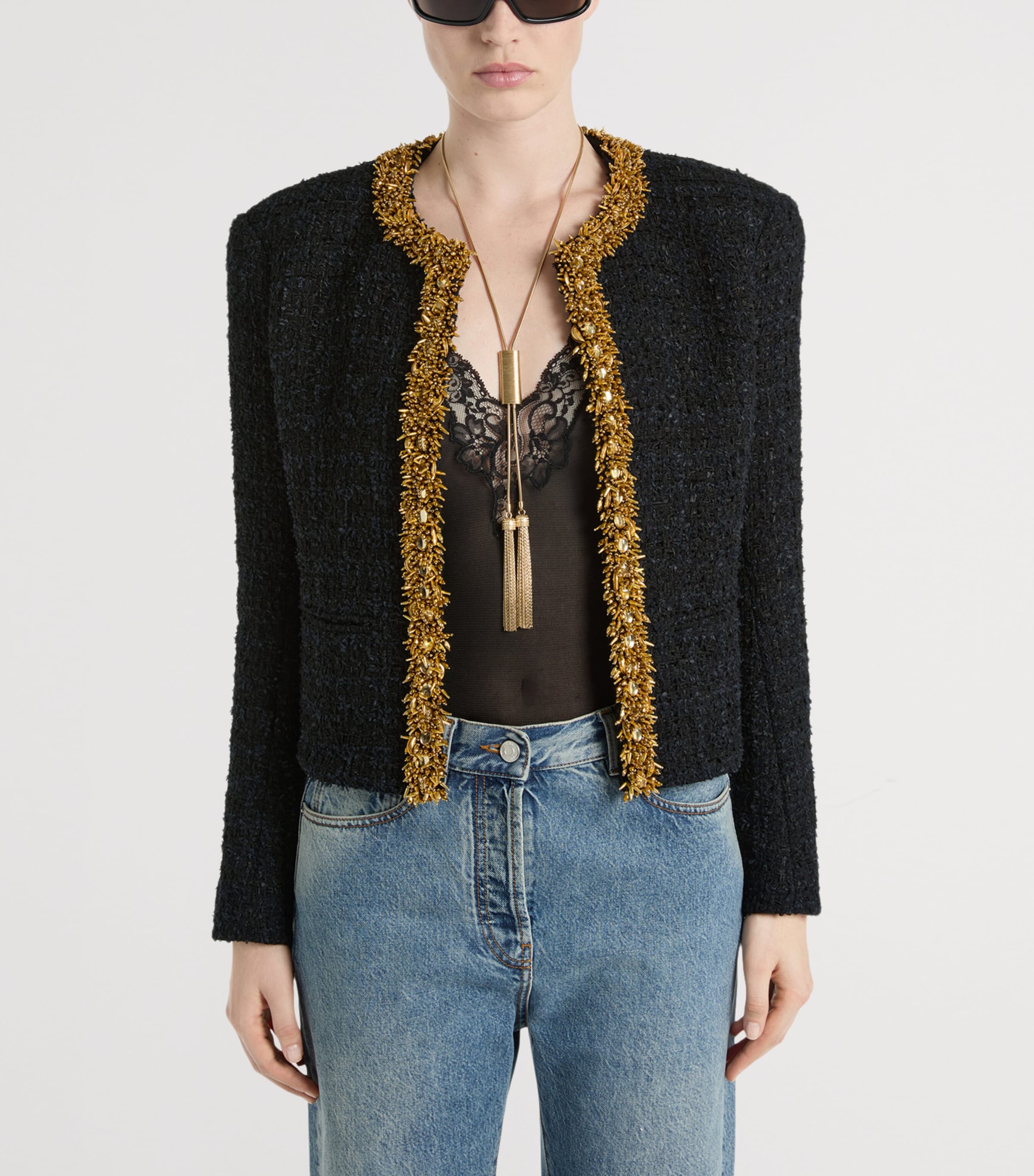Balmain Womens Tweed Beaded-Trim Blazer Ead Noir Or Image 3
