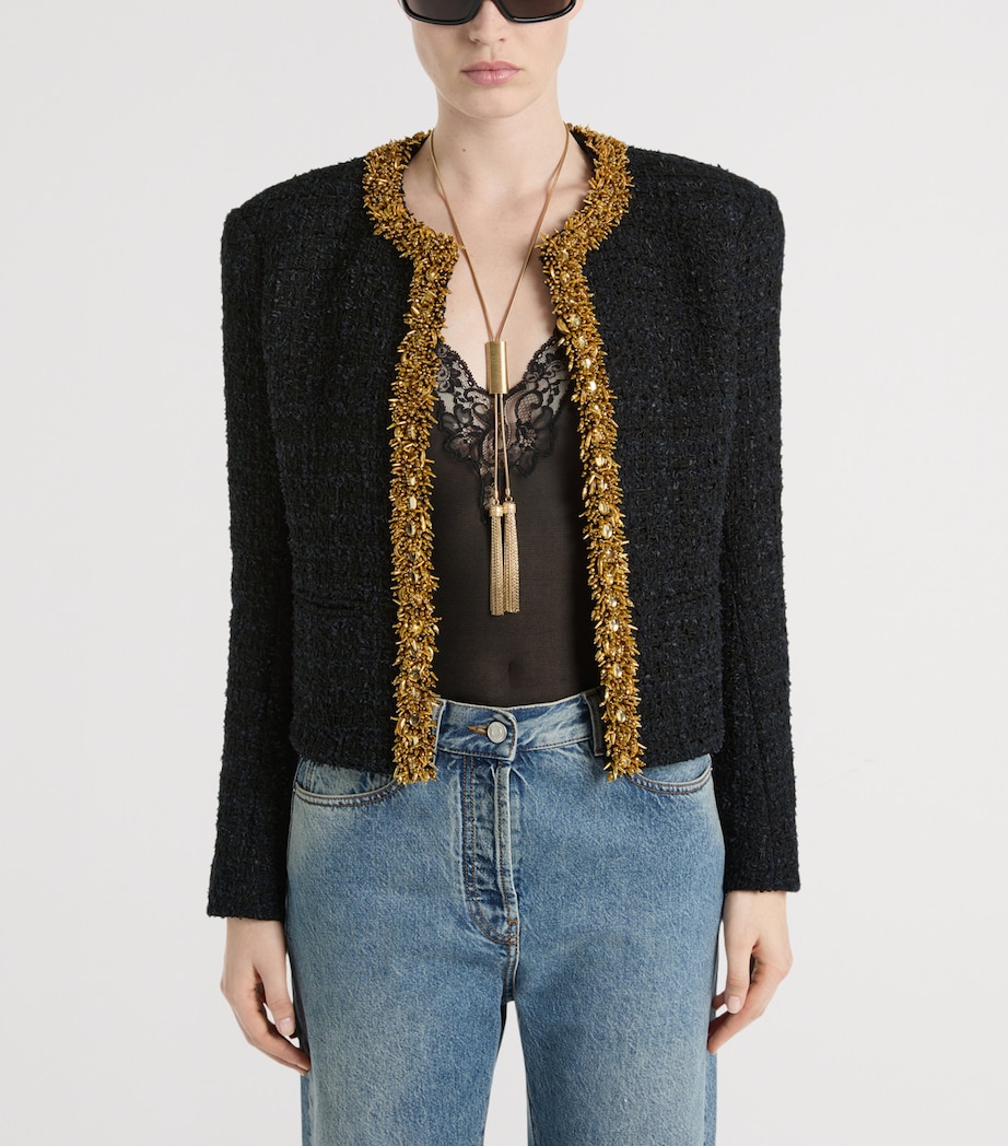 Balmain Womens Tweed Beaded-Trim Blazer Ead Noir Or Image 3