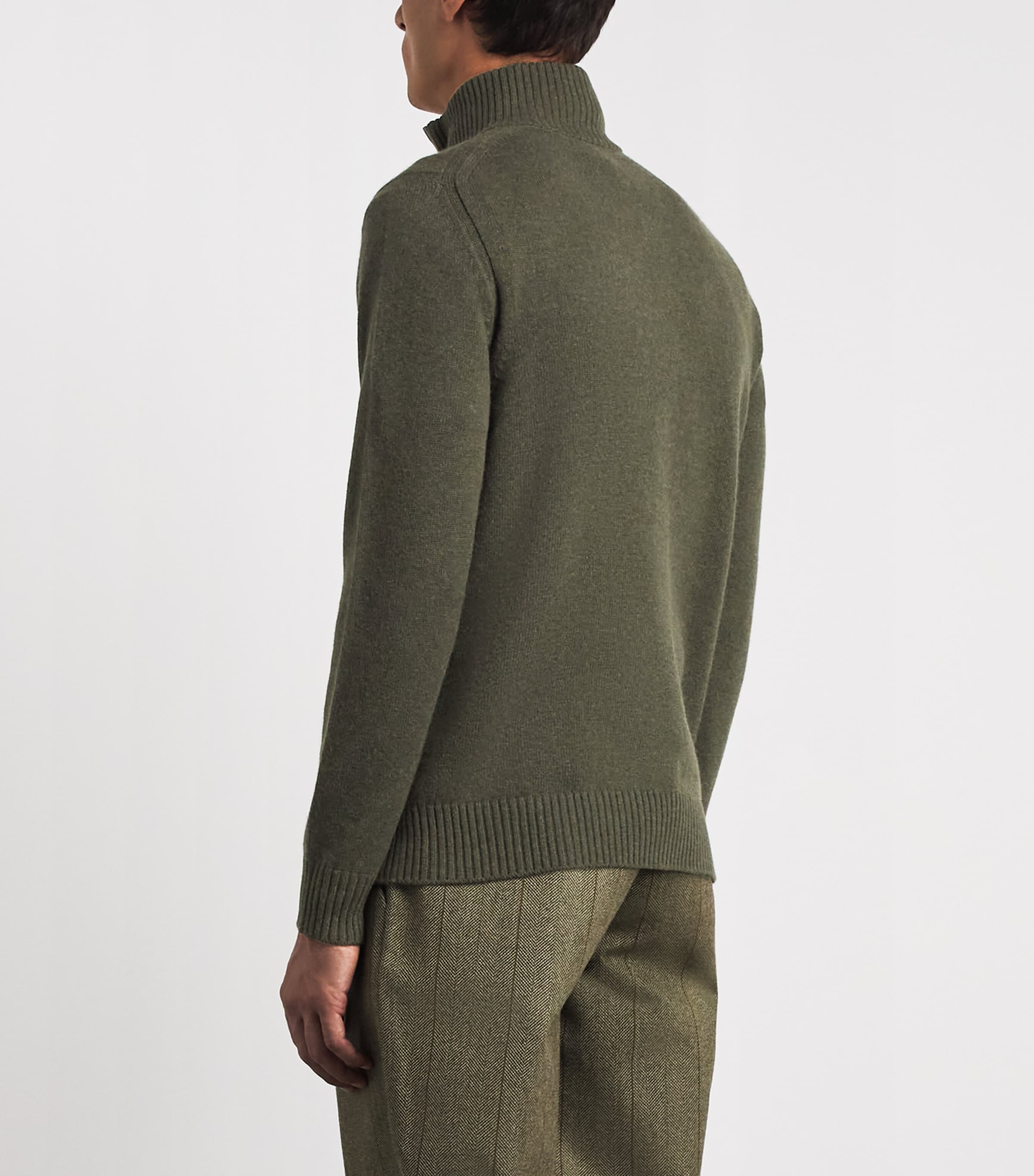 Purdey Mens Cashmere Leather Trim Quarter-Zip Sweater Loden Image 5