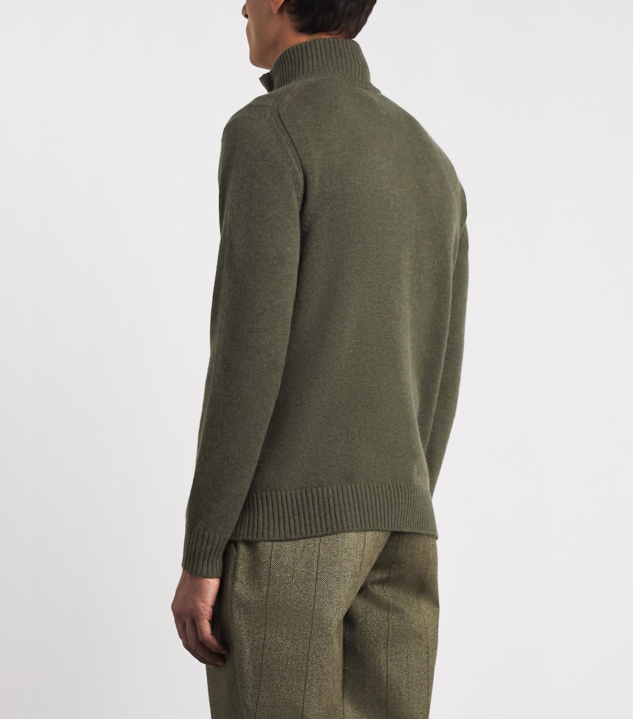 Purdey Mens Cashmere Leather Trim Quarter-Zip Sweater Loden Image 5