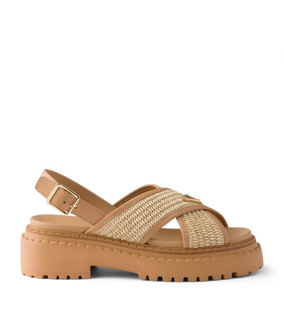 Leather-Raffia Crossover Platform Sandals 55