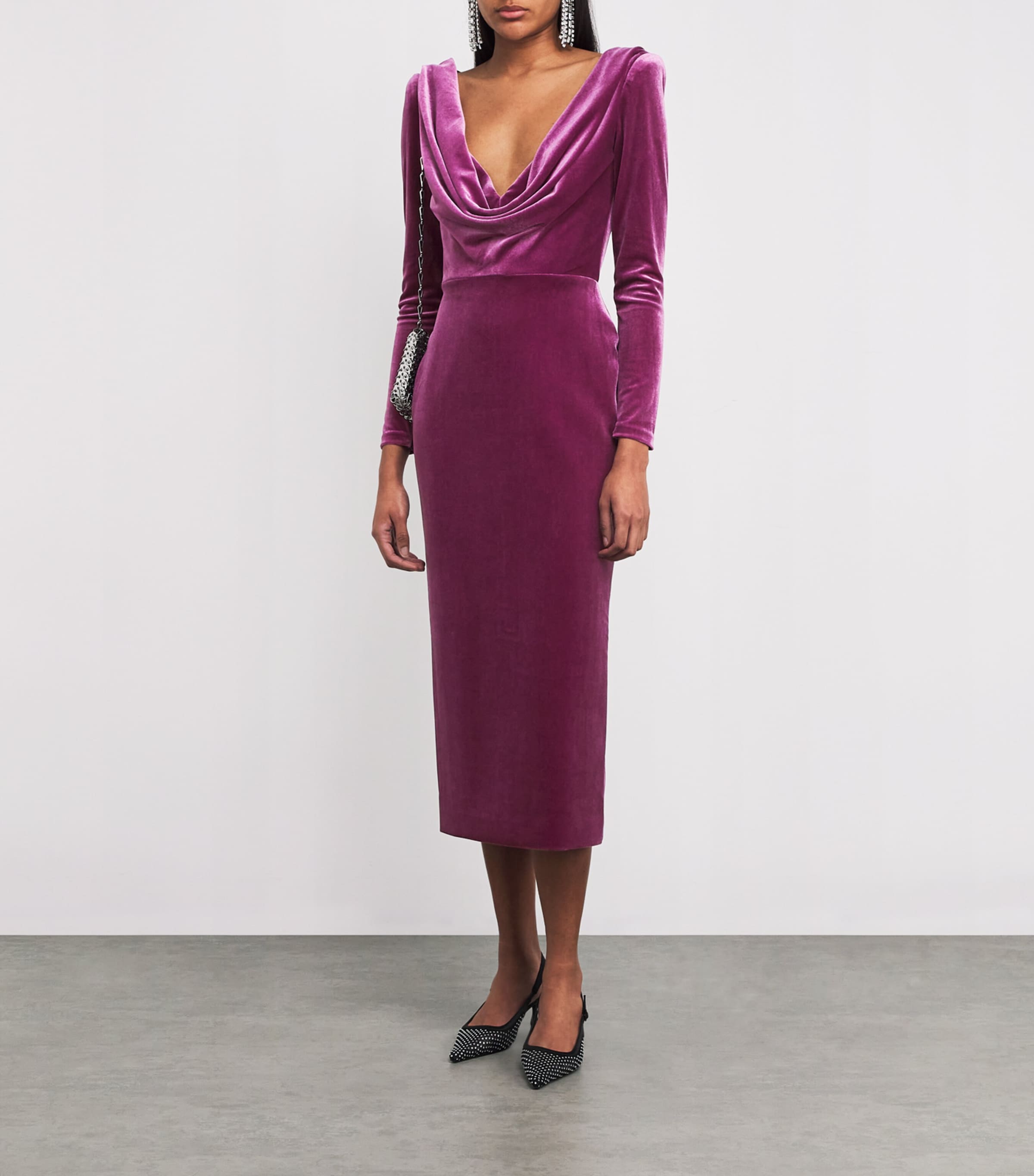 Alex Perry Purple Velvet Draped Midi Dress | Harrods UK