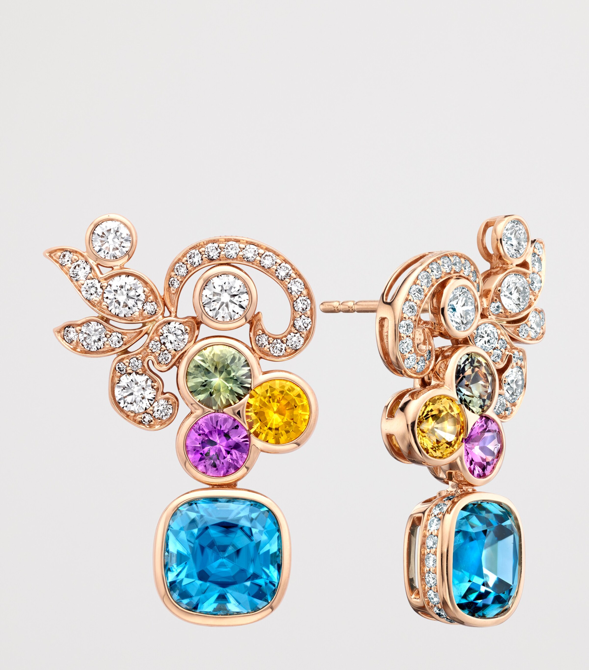 Boodles Rose Gold, Diamond, Sapphire and Zircon The Palace Collection Royal Damask Earrings Blue Image 3