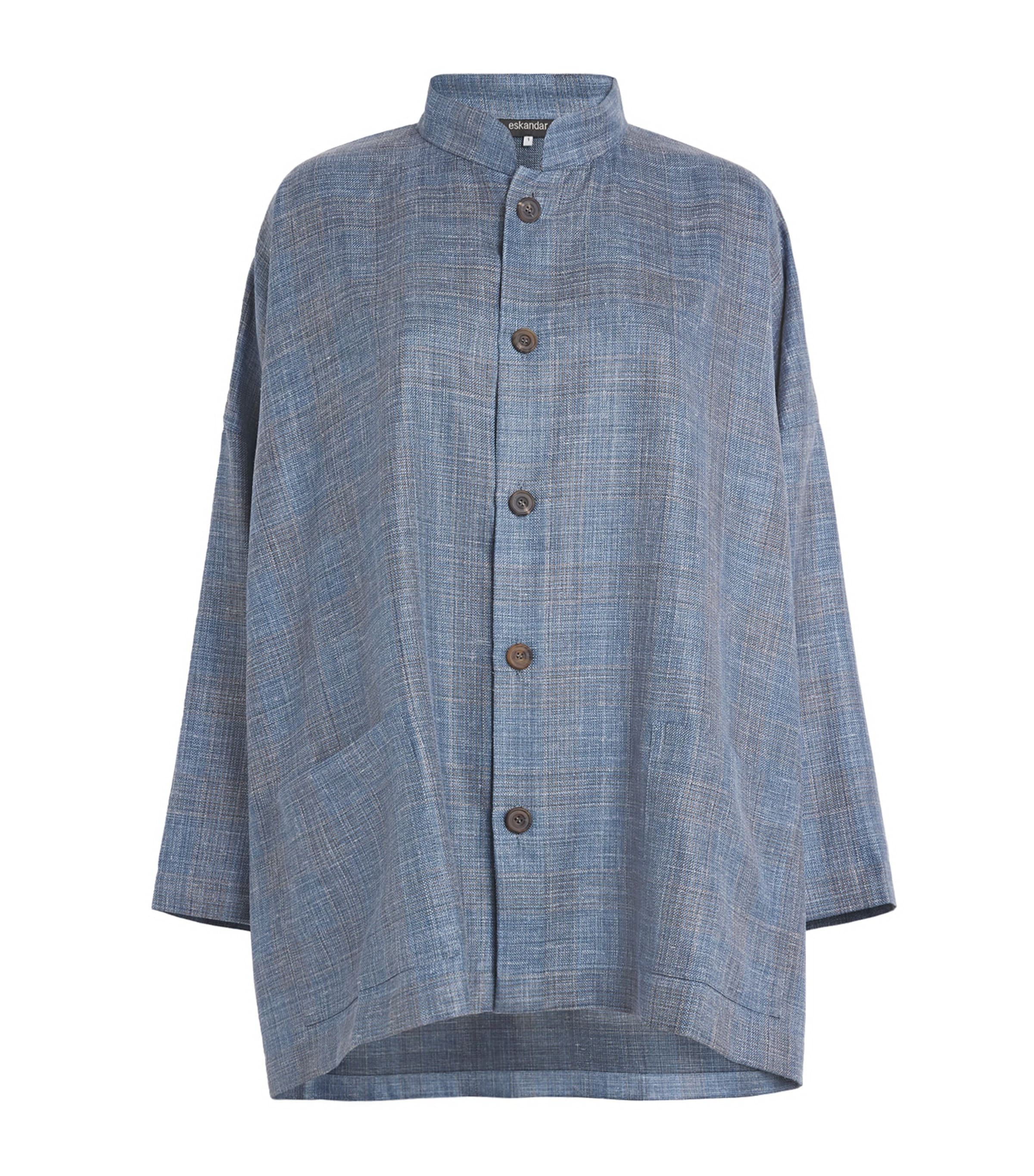 Eskandar Wool-silk-linen Mandarin-collar Jacket In Blue