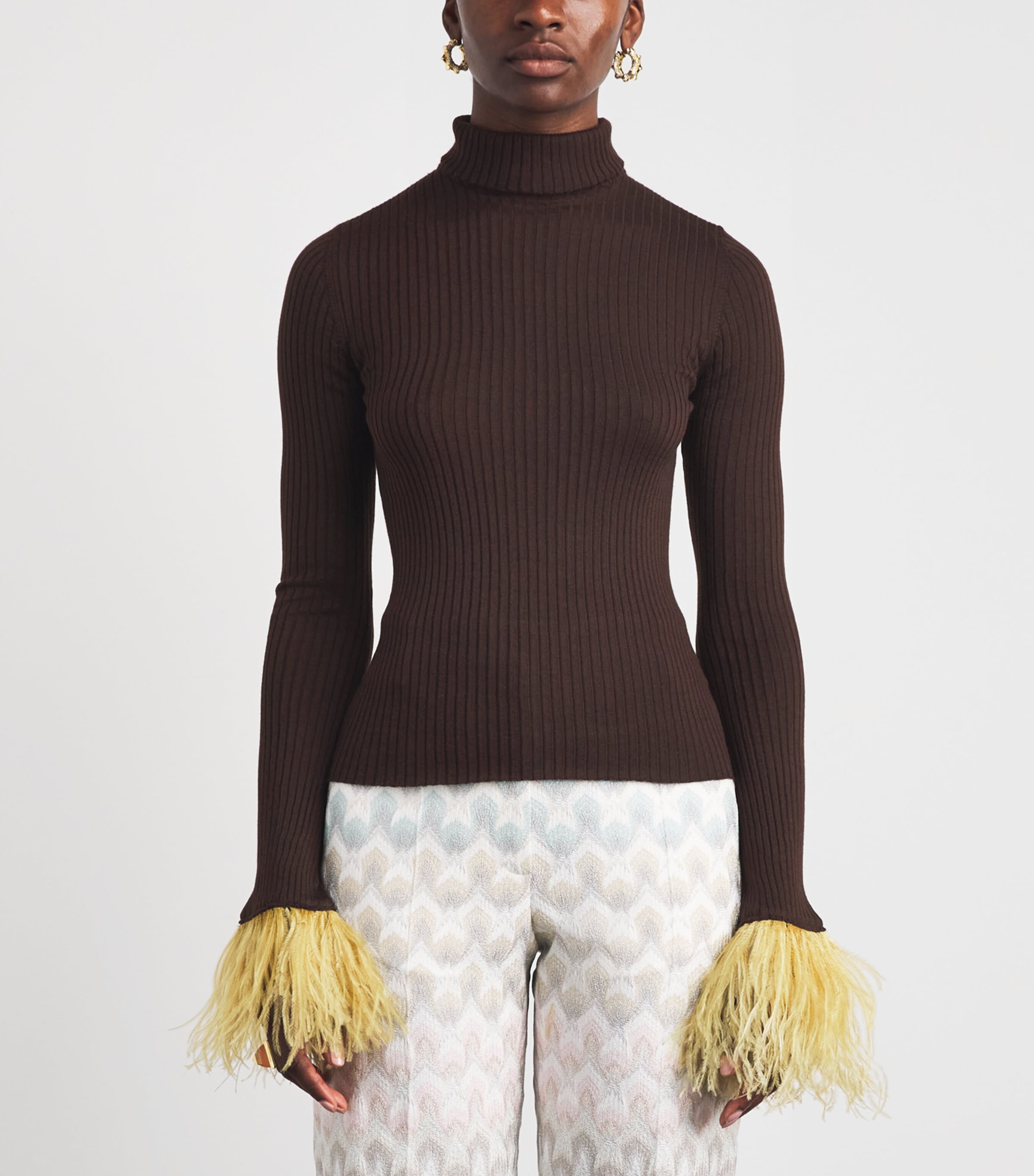 La Doublej Womens Cashmere-Silk Feather-Trim Sweater Solid Cocoa Image 4