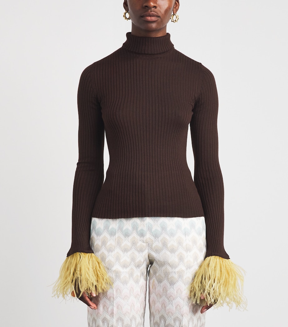 La Doublej Womens Cashmere-Silk Feather-Trim Sweater Solid Cocoa Image 4