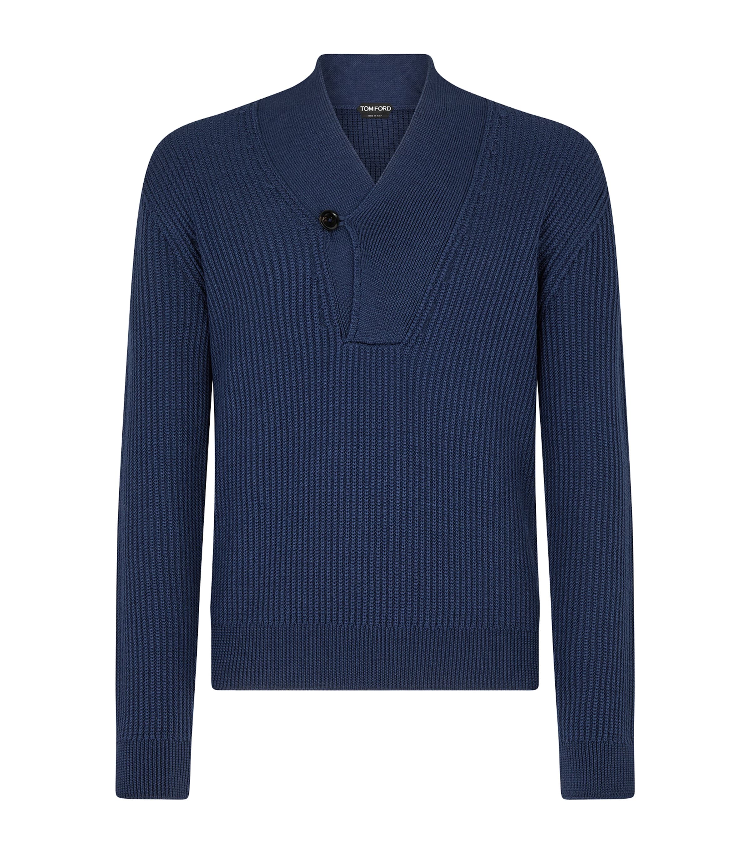 Tom Ford Slim-fit Shawl-collar Ribbed Merino Wool-blend Half-placket Sweater In Blue