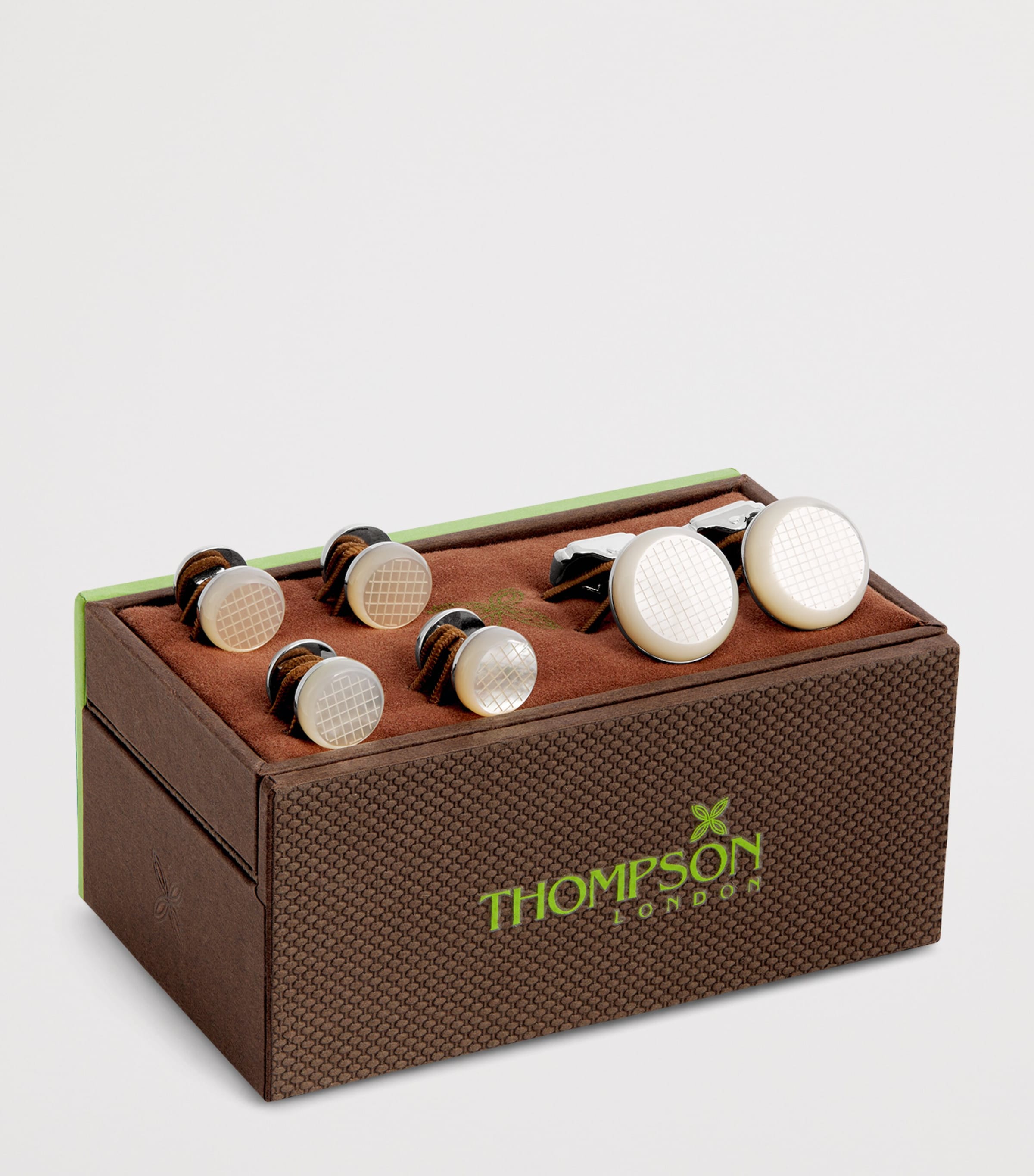 Thompson Mother-Of-Pearl Woven Round Cufflinks and Studs Set WHITE BRONZE Image 3