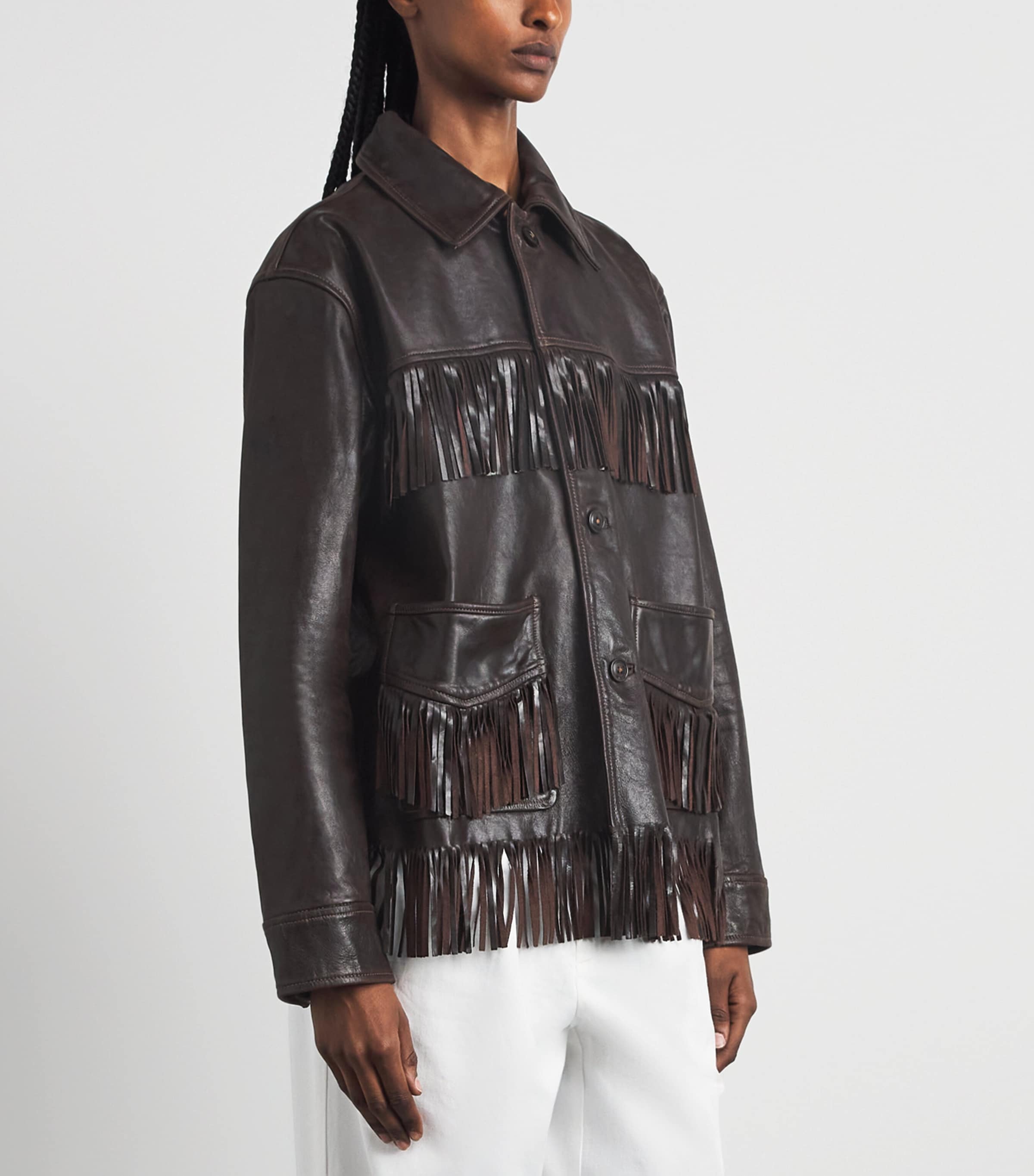 Polo Ralph Lauren Womens Fringed Leather Jacket Dark Chocolate Image 4