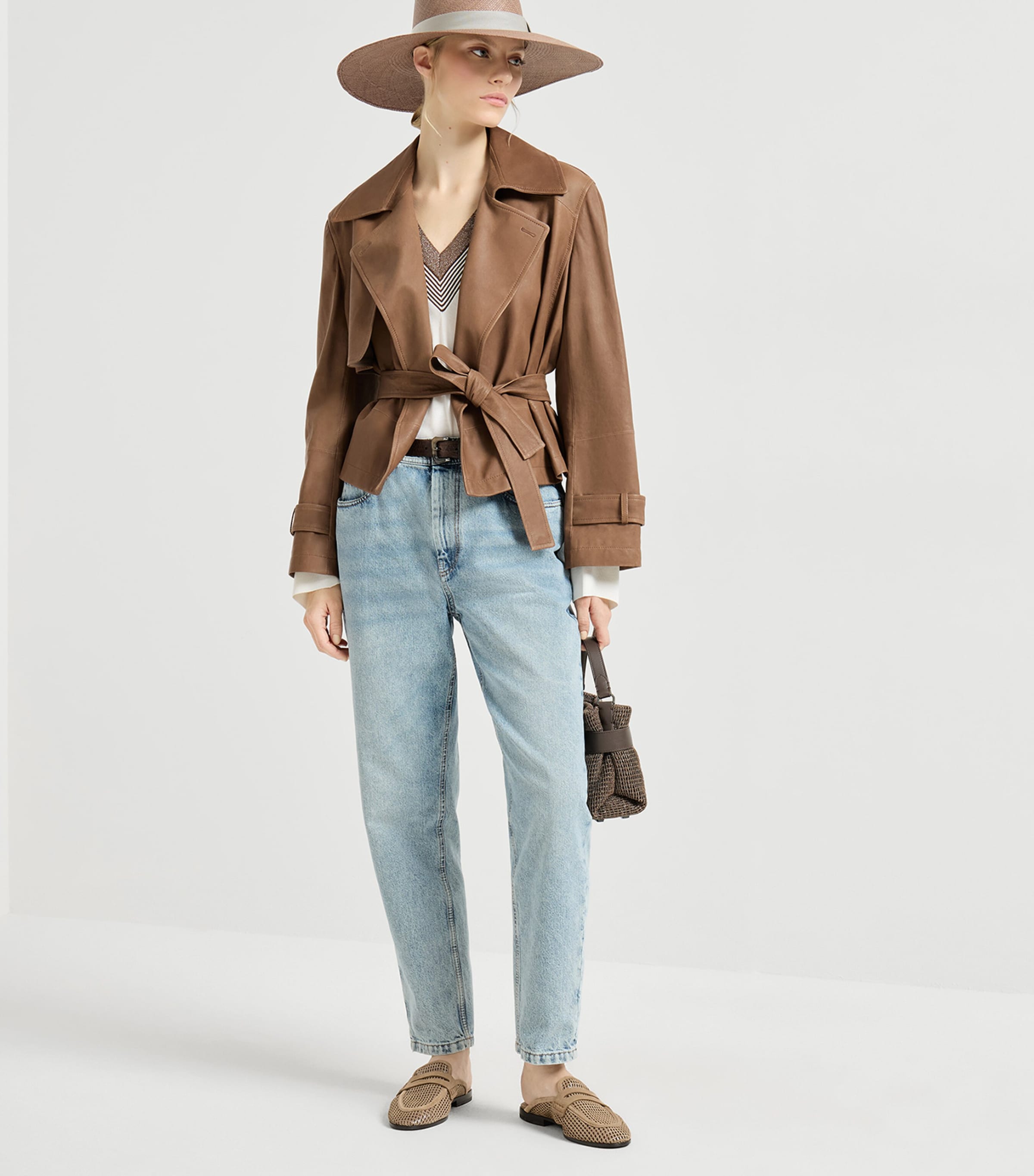 Brunello Cucinelli Womens Nappa Leather Cropped Trench Coat Image 2