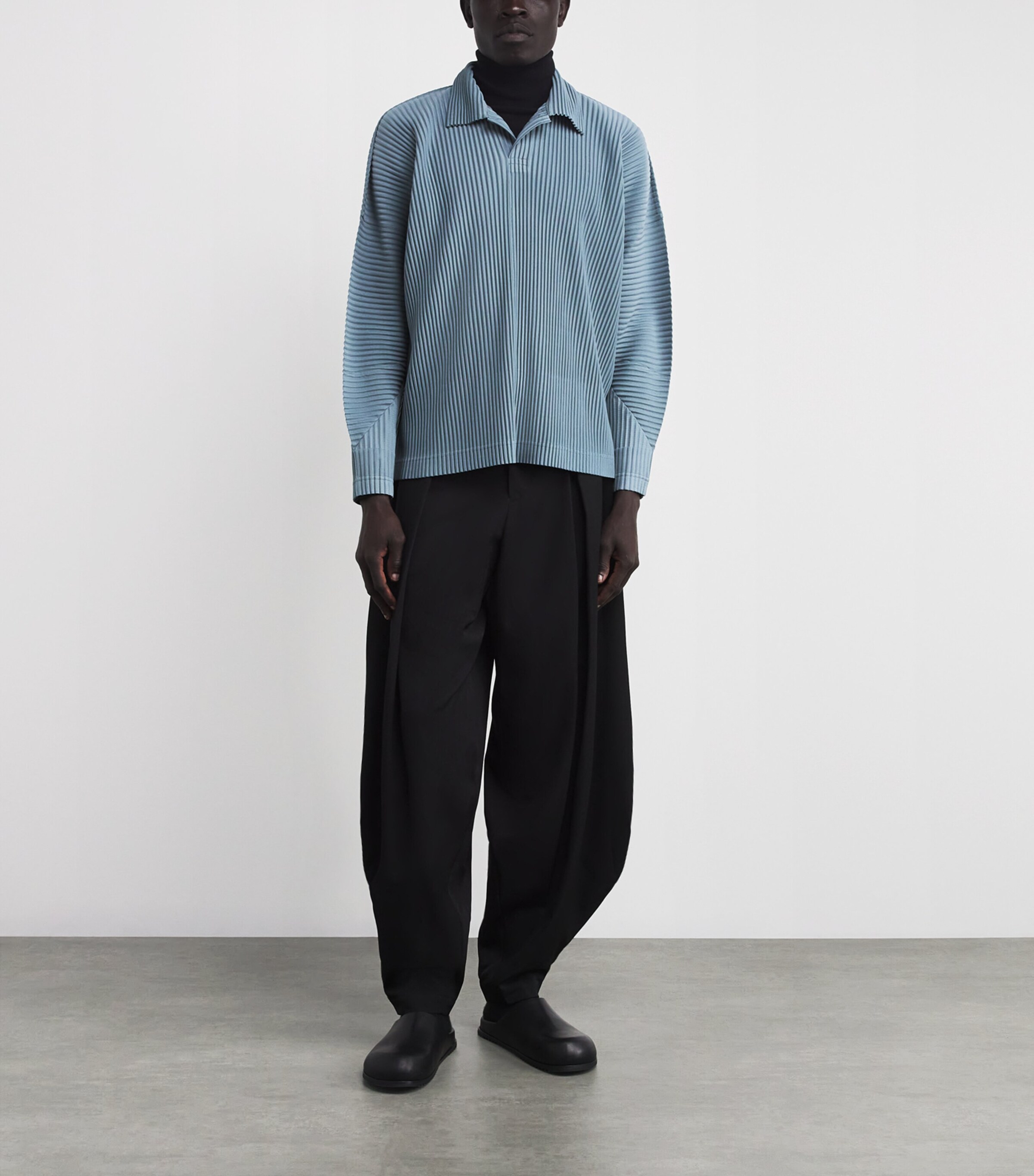 Homme Plissé Issey Miyake Mens Pleated Long-Sleeve Polo Shirt Slate Blue Image 2