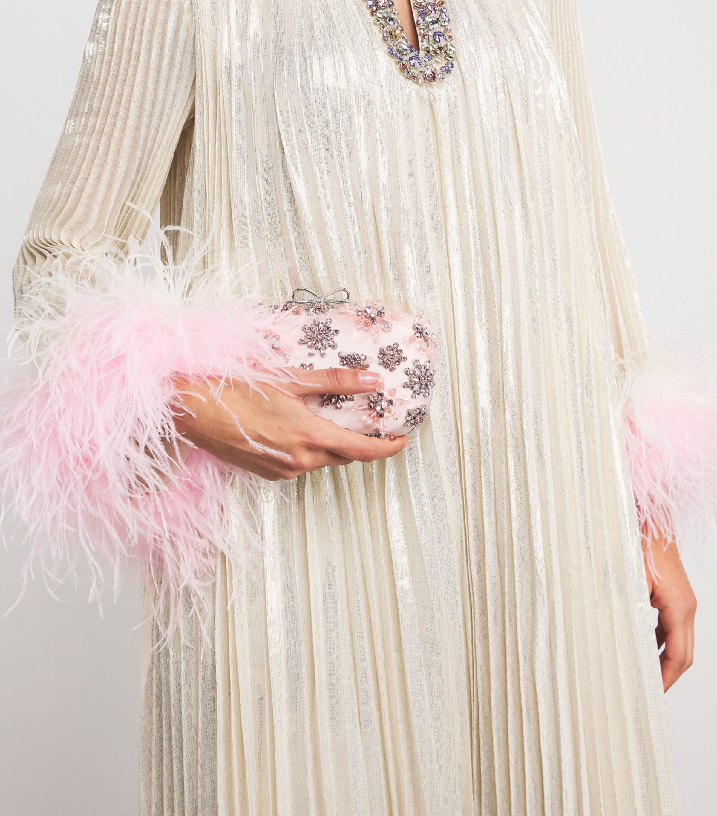 Silk-Blend Feather-Trim Maxi Dress CHAMPAGNE Image 6